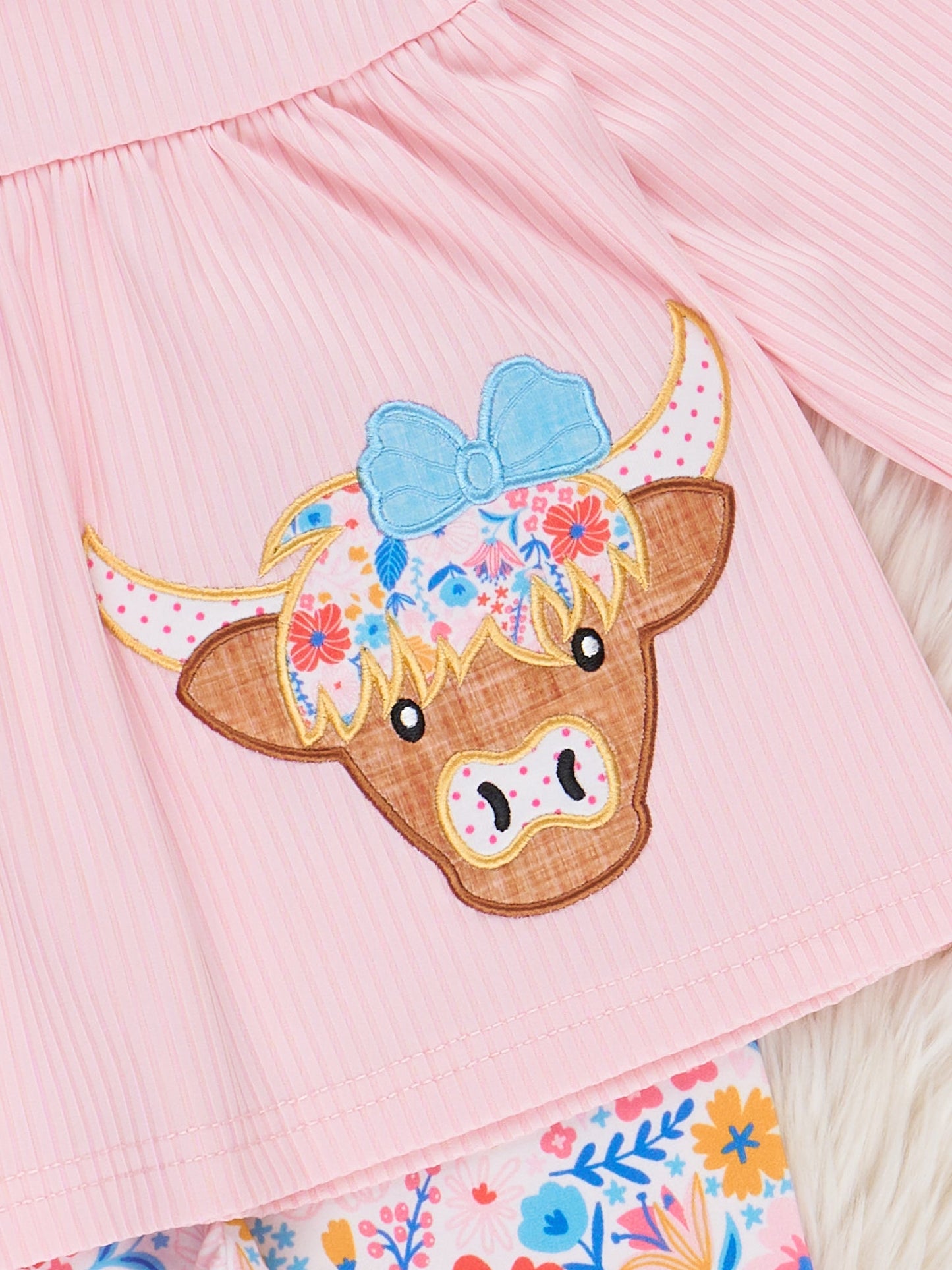 Pink Floral Embroidered Cow Ruffle Outfit