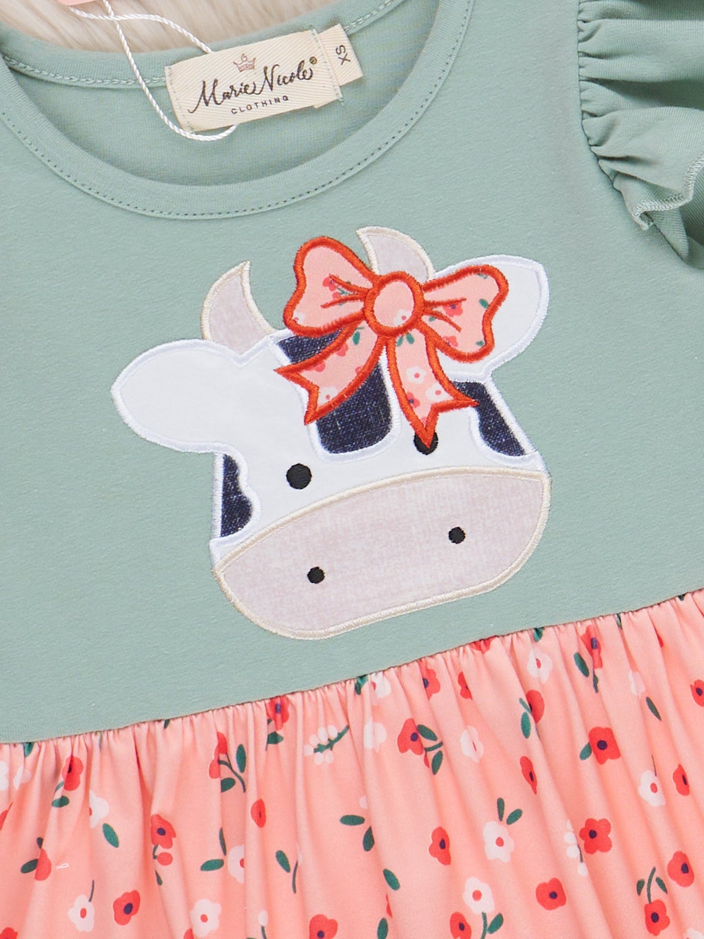 Mint & Coral Embroidered Cow Floral Ruffle Dress