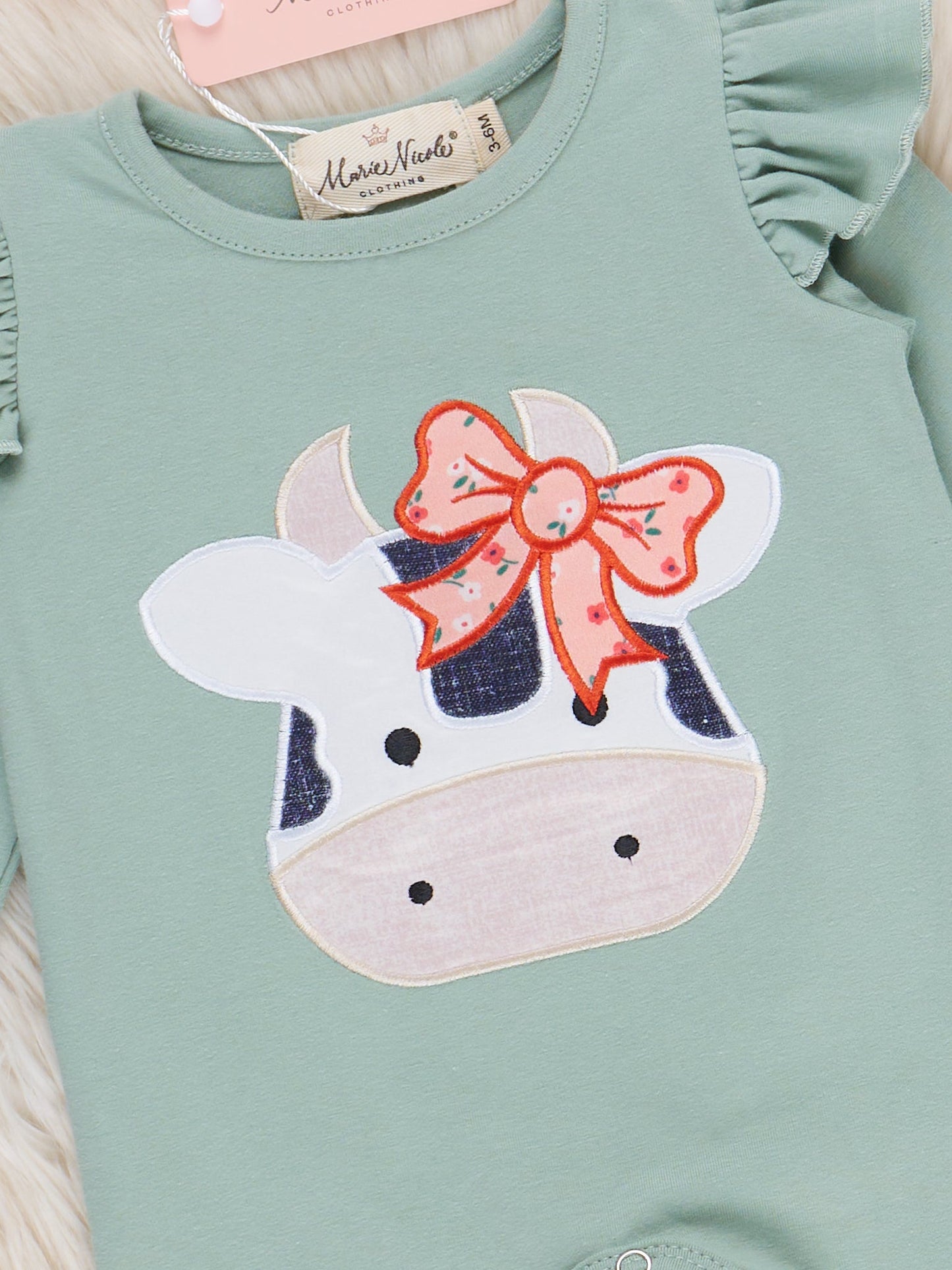 Mint & Coral Embroidered Cow Floral Ruffle Romper