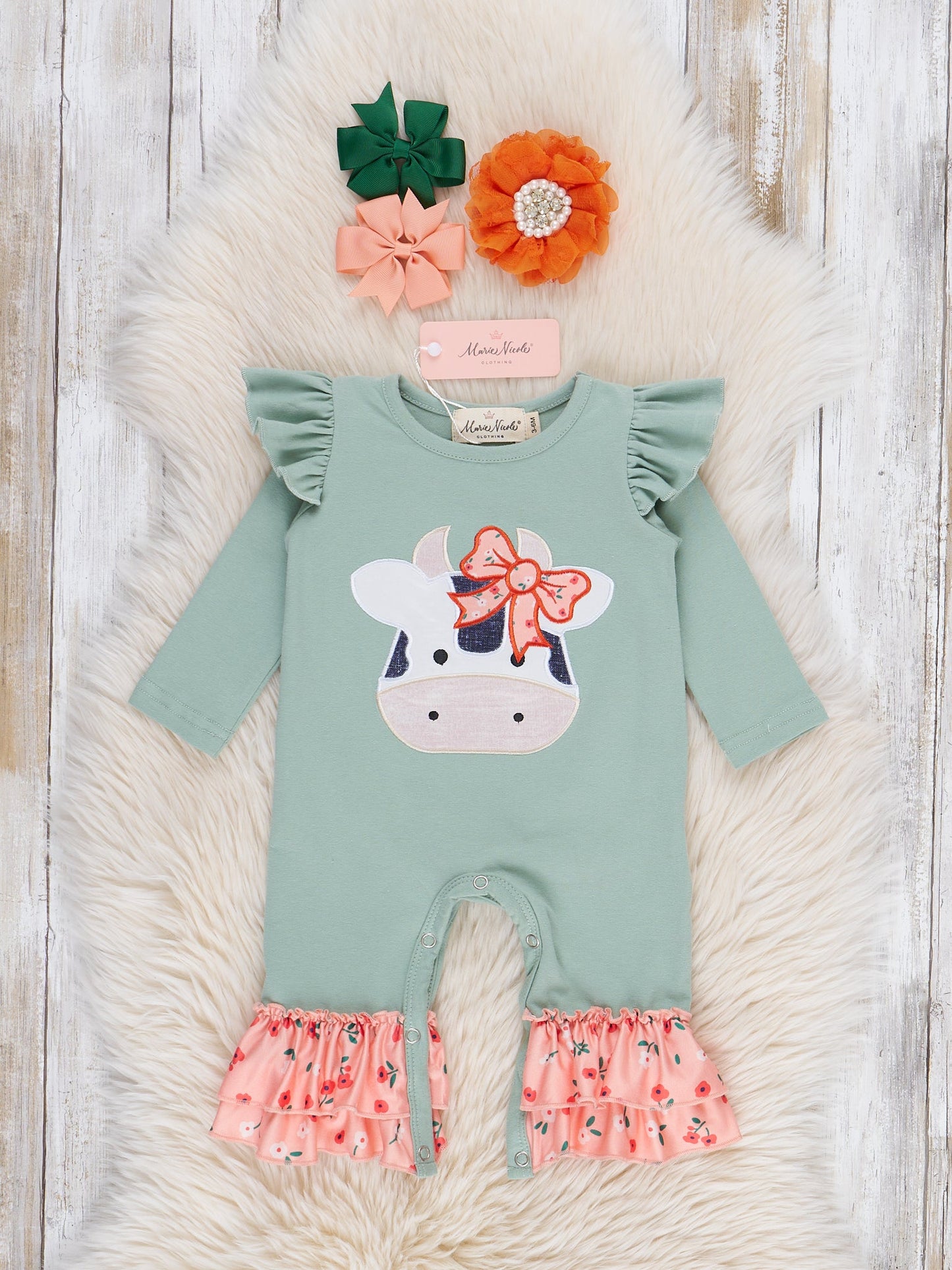 Mint & Coral Embroidered Cow Floral Ruffle Romper