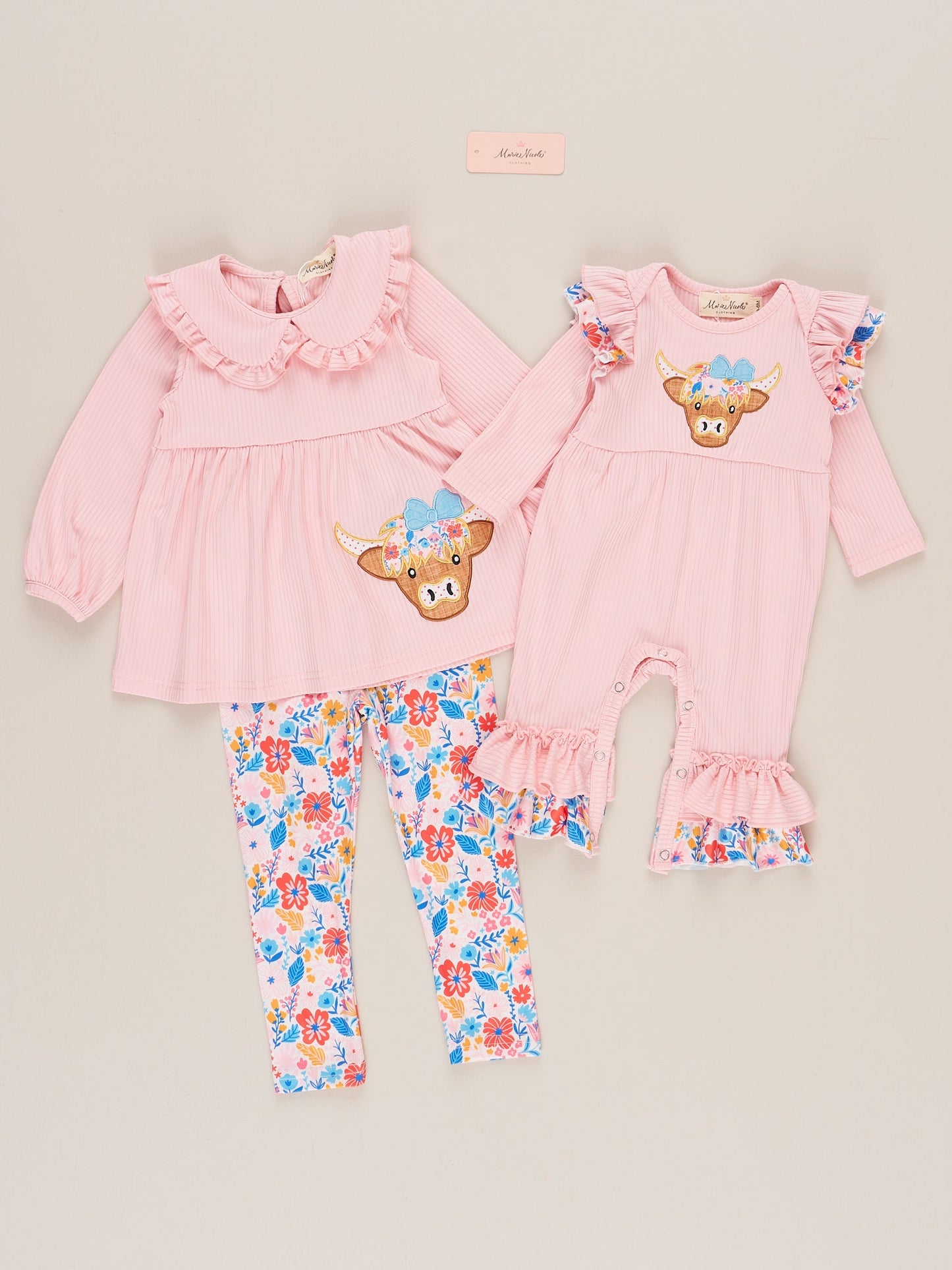 Pink Floral Embroidered Cow Ruffle Outfit