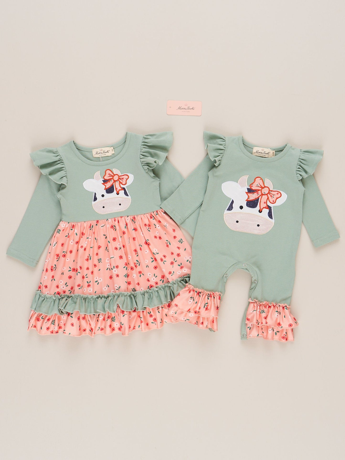 Mint & Coral Embroidered Cow Floral Ruffle Dress