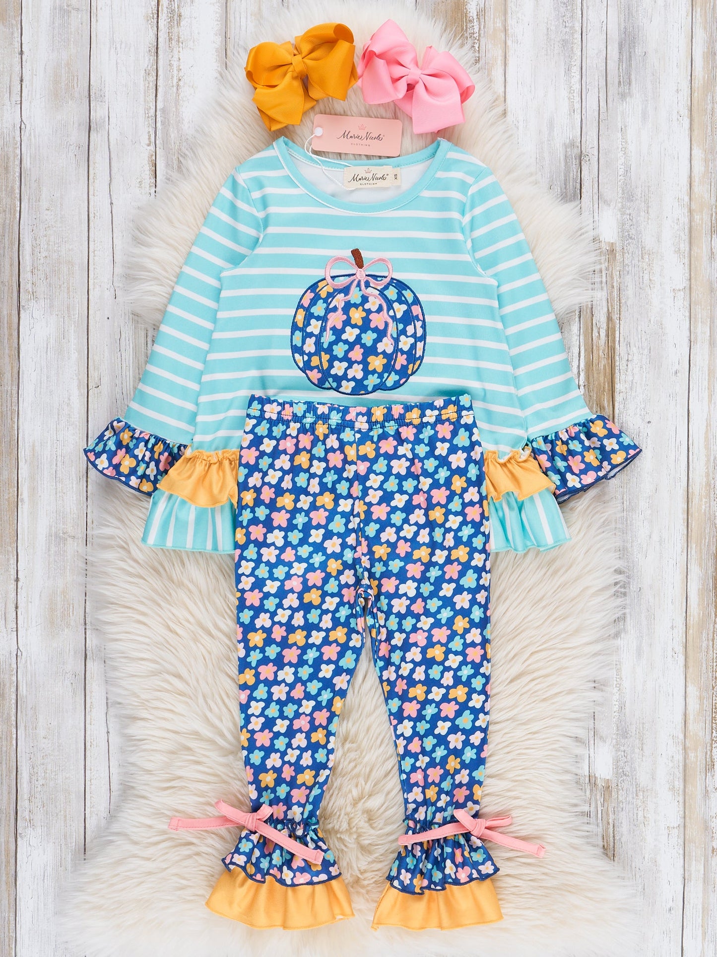Embroidered Petal Patchwork Pumpkin Ruffle Outfit