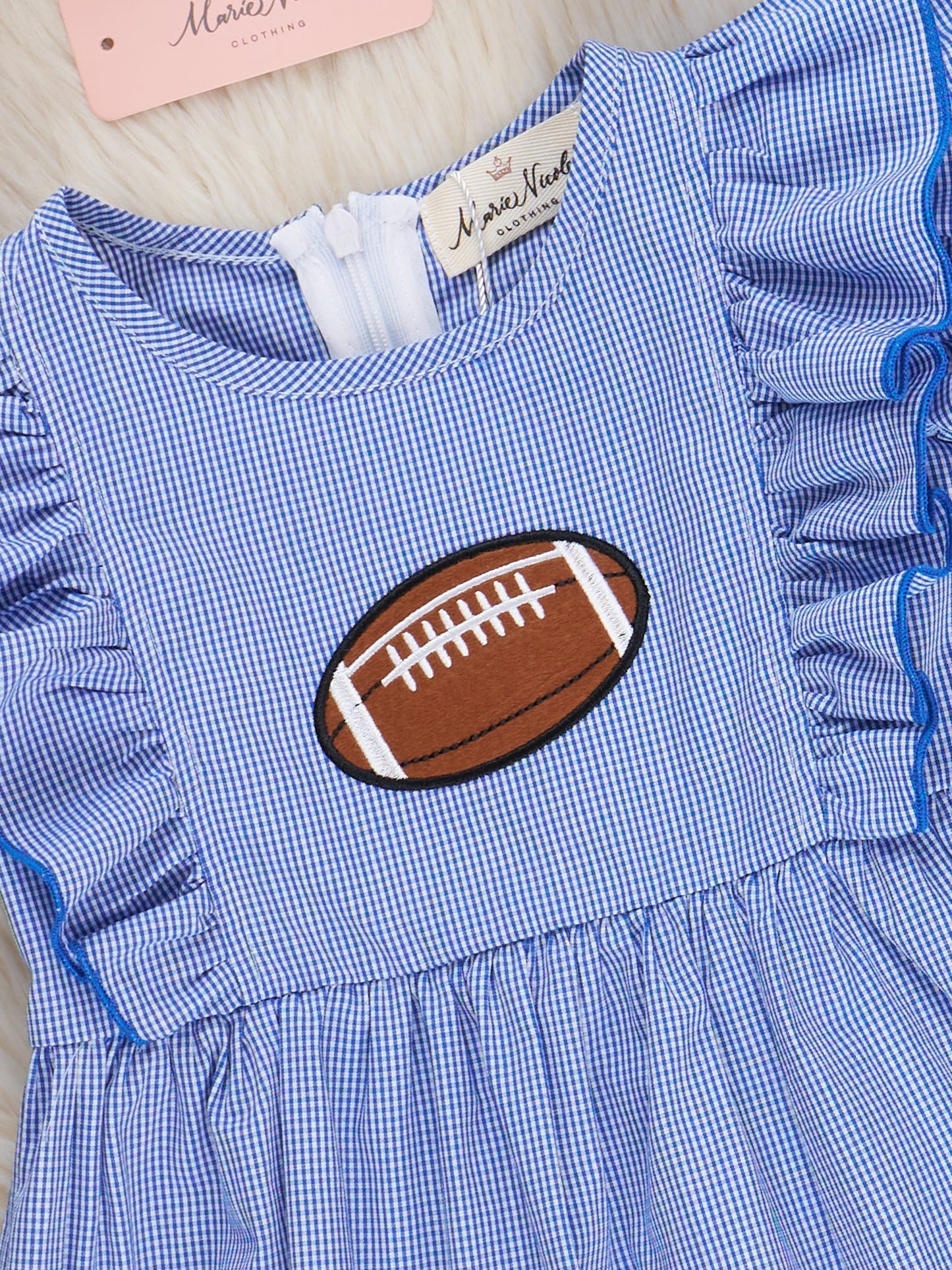Blue Stripe Cotton Embroidered Football Ruffle Dress