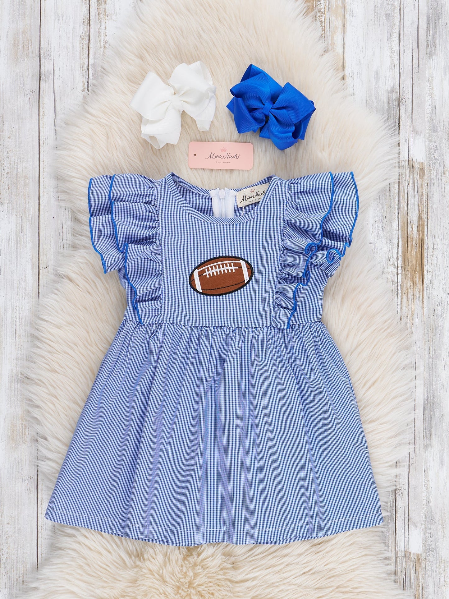Blue Stripe Cotton Embroidered Football Ruffle Dress