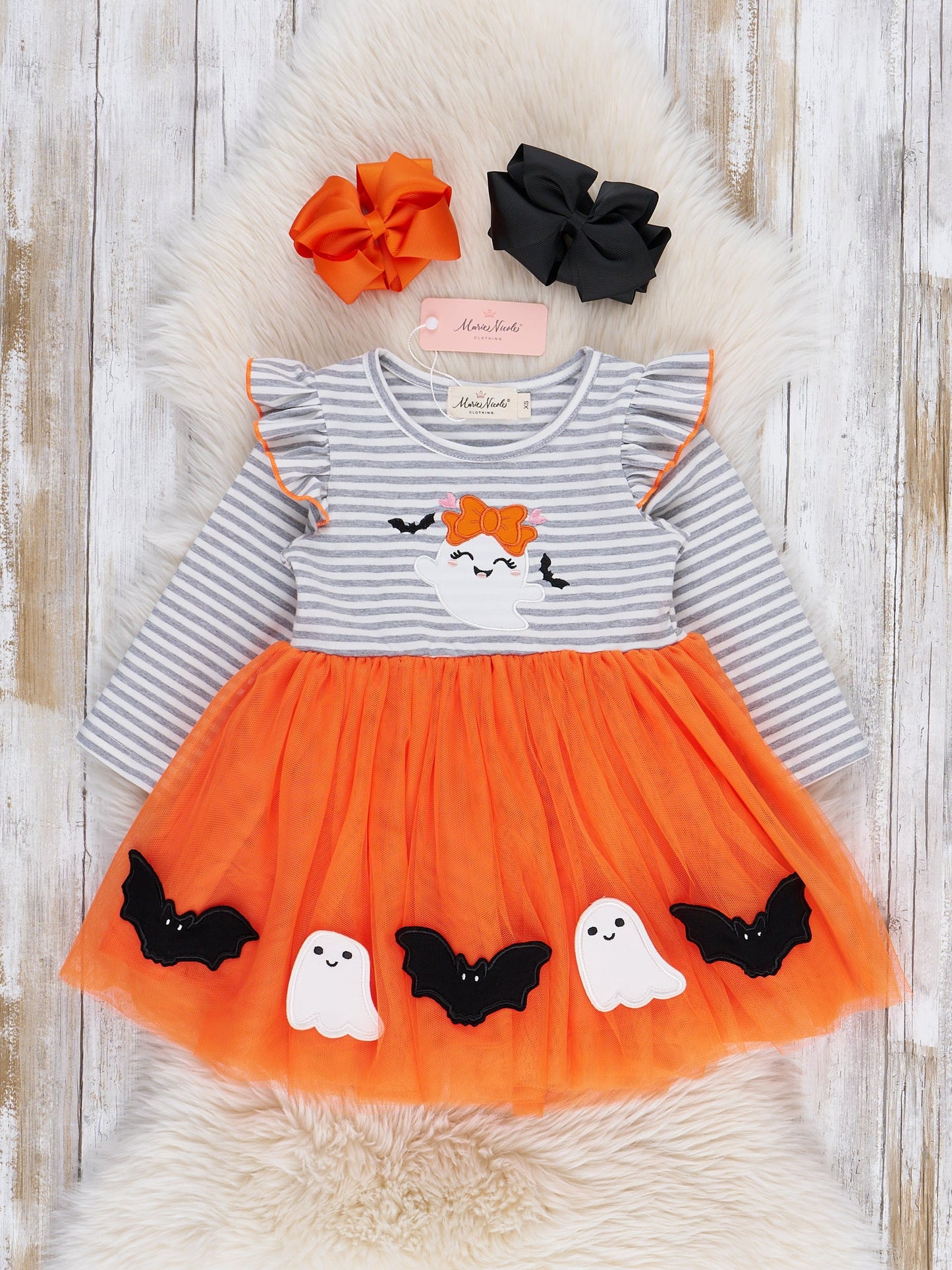 Striped Bats & Ghosts Orange Tulle Dress