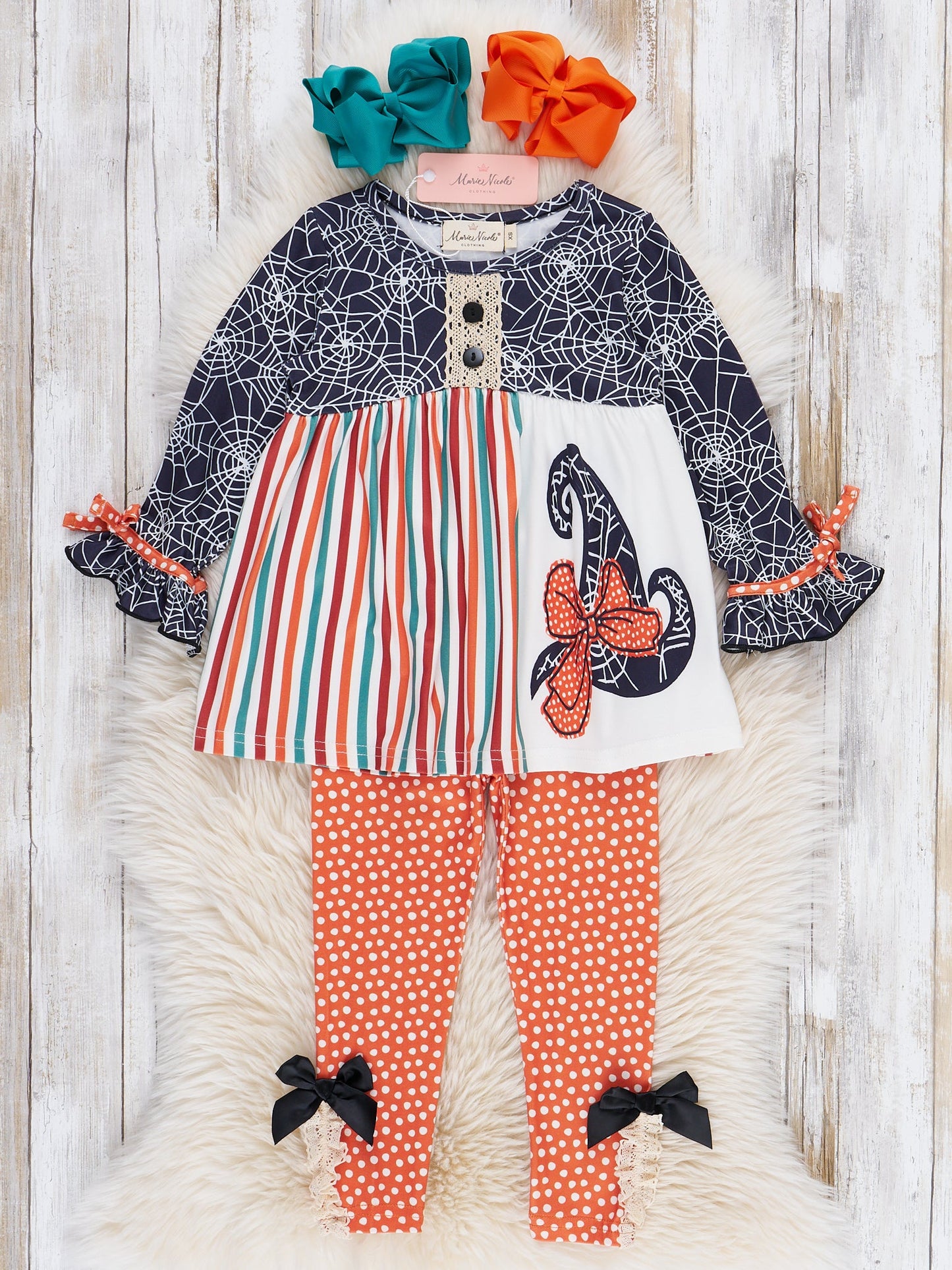Spider Webs Ruffle Outfit - Orange Dots