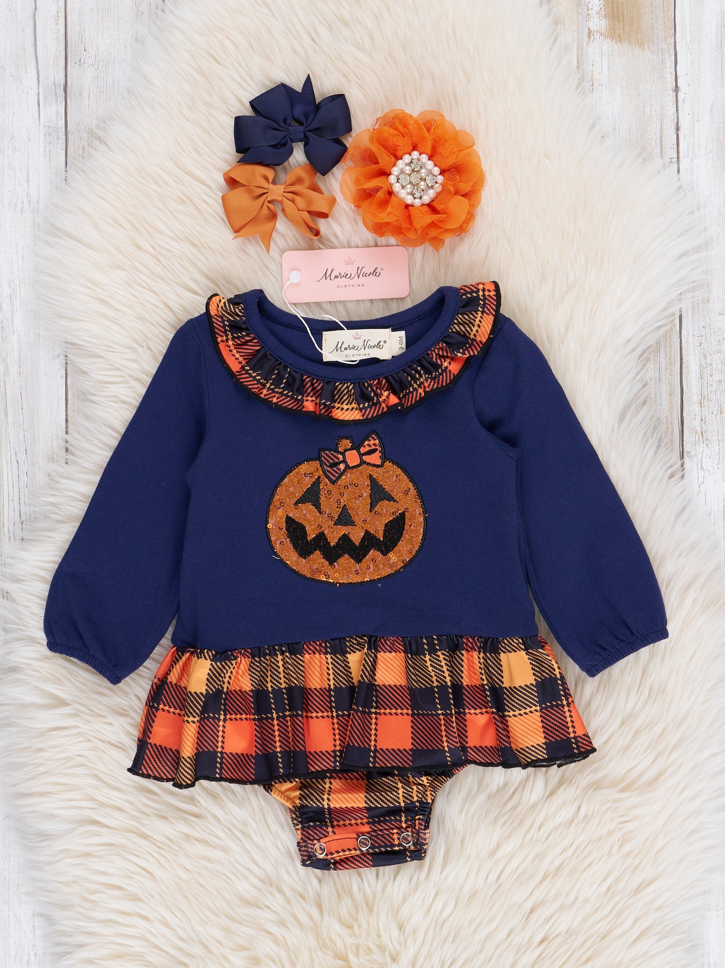 Embroidered Halloween Plaid Ruffle Bubble