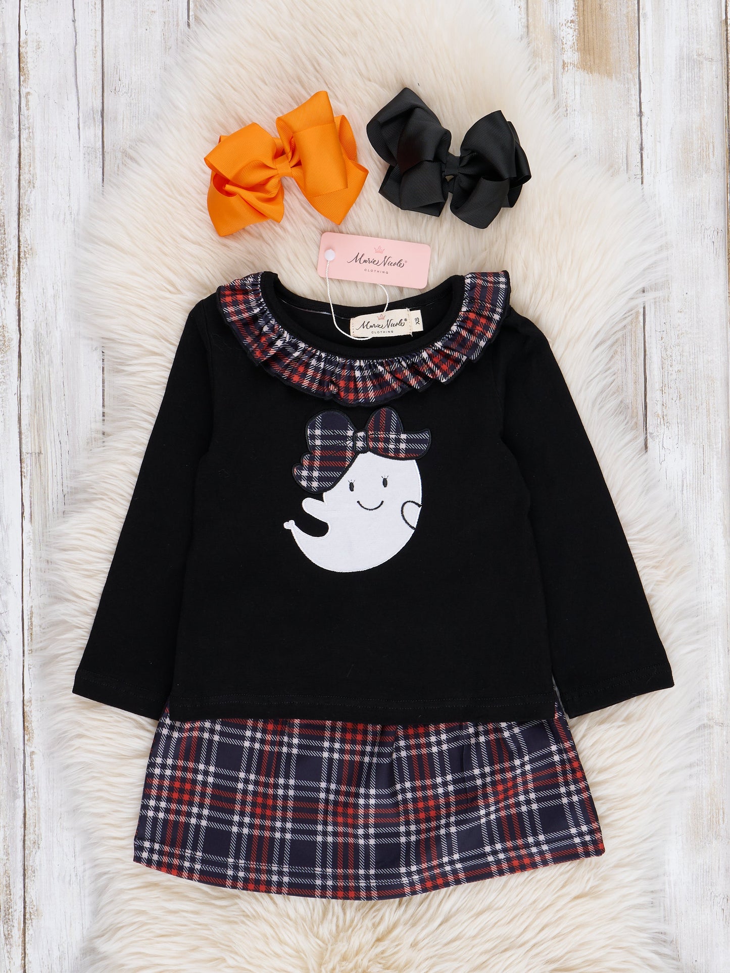 Embroidered Halloween Plaid Ruffle Outfit