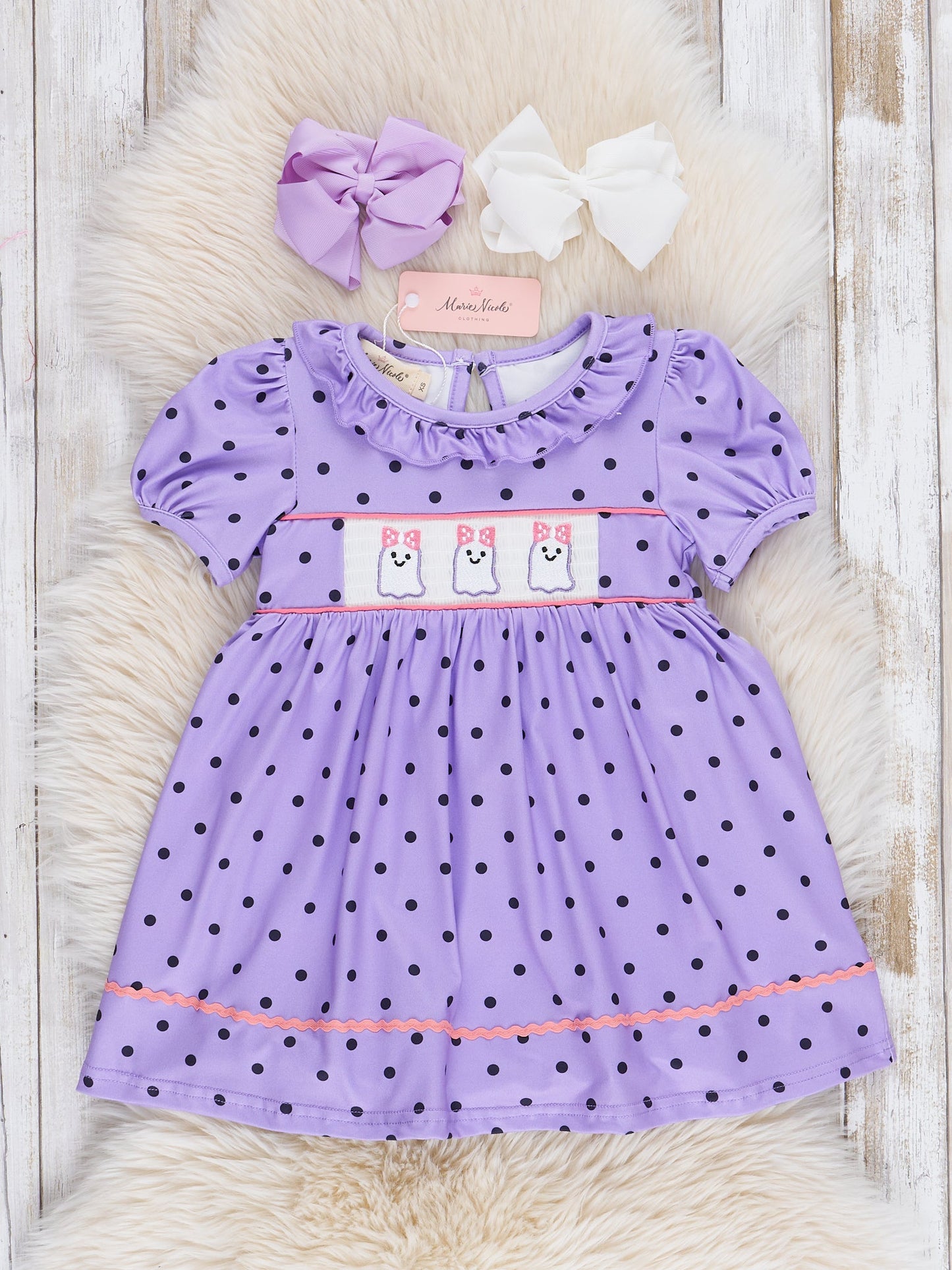 Purple Dots Smocked Ghosts Ruffle Dress