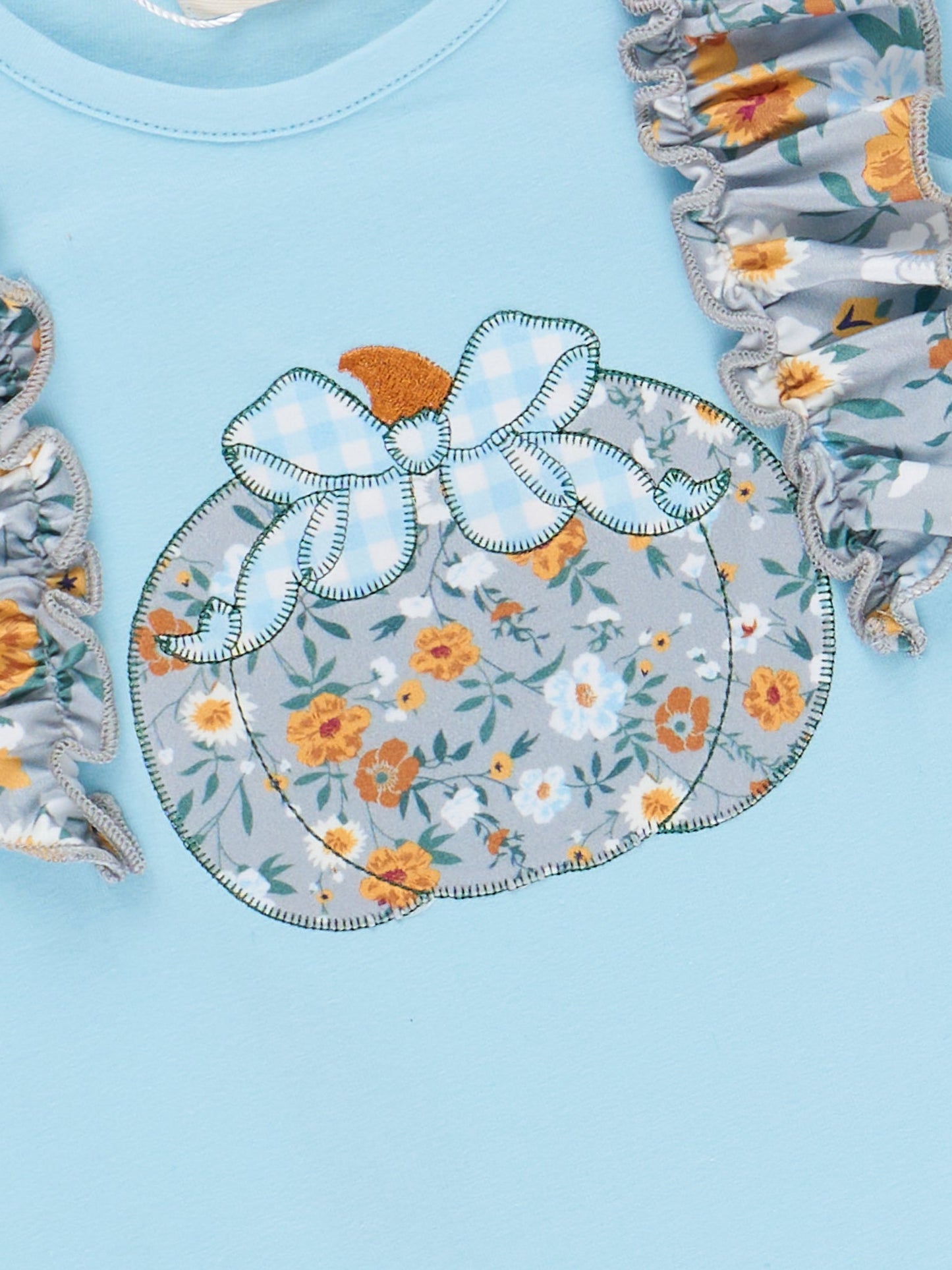 Light Blue Floral Embroidered Pumpkin Ruffle Romper