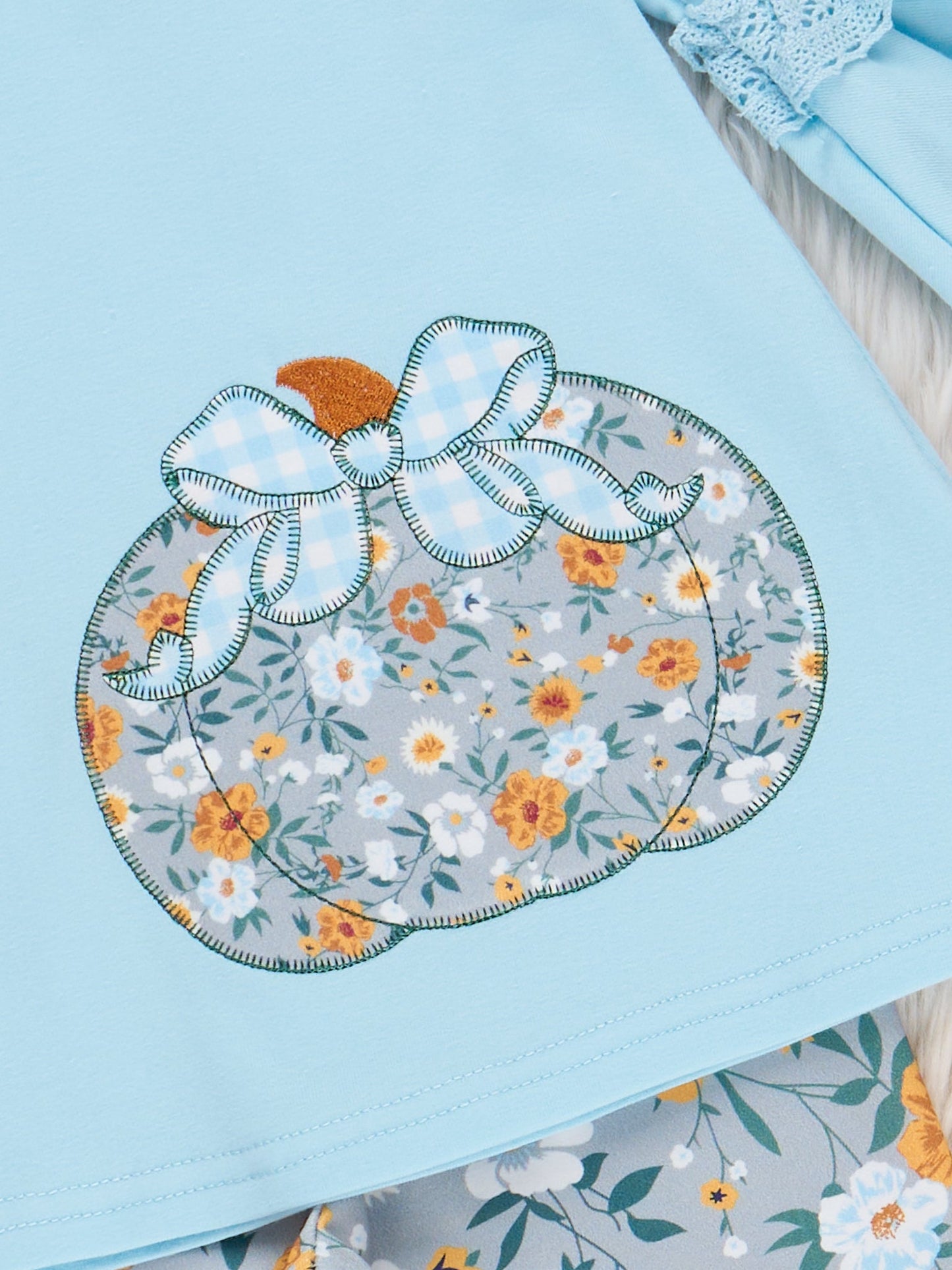 Light Blue Floral Embroidered Pumpkin Ruffle Outfit