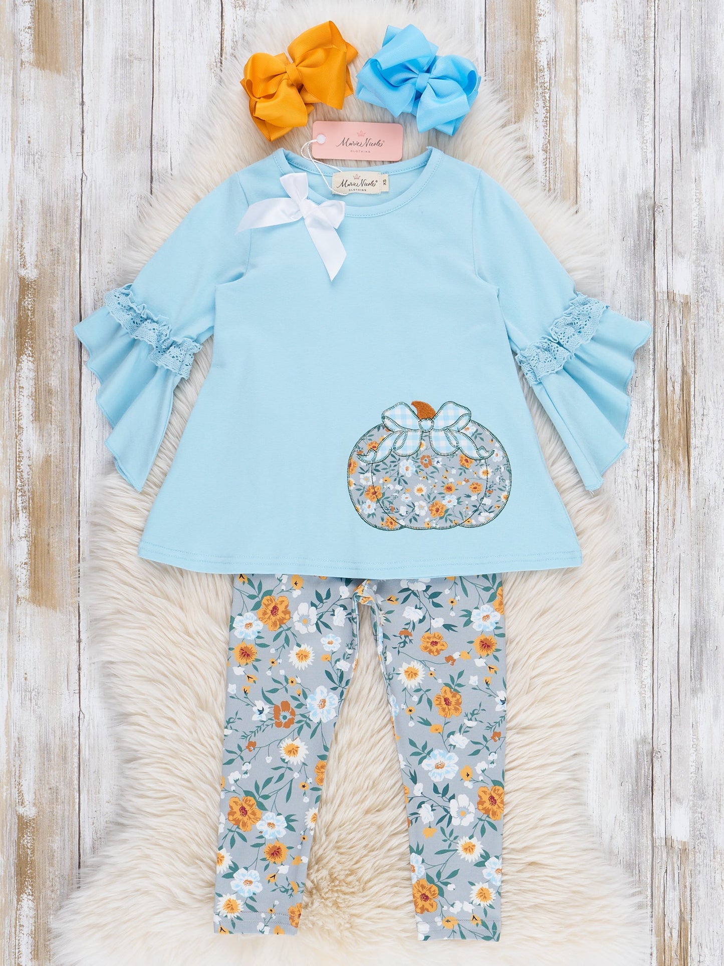 Light Blue Floral Embroidered Pumpkin Ruffle Outfit