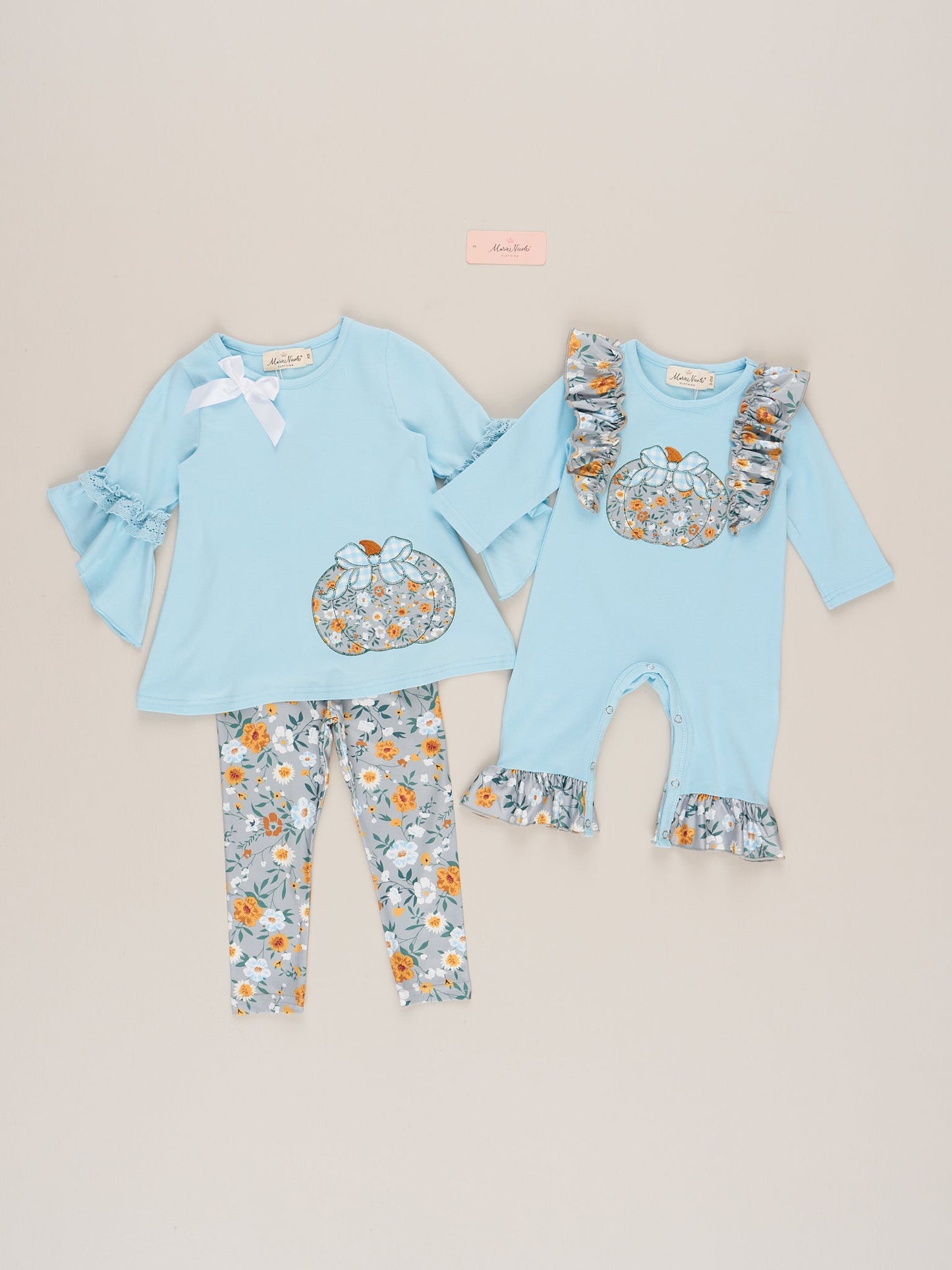 Light Blue Floral Embroidered Pumpkin Ruffle Outfit