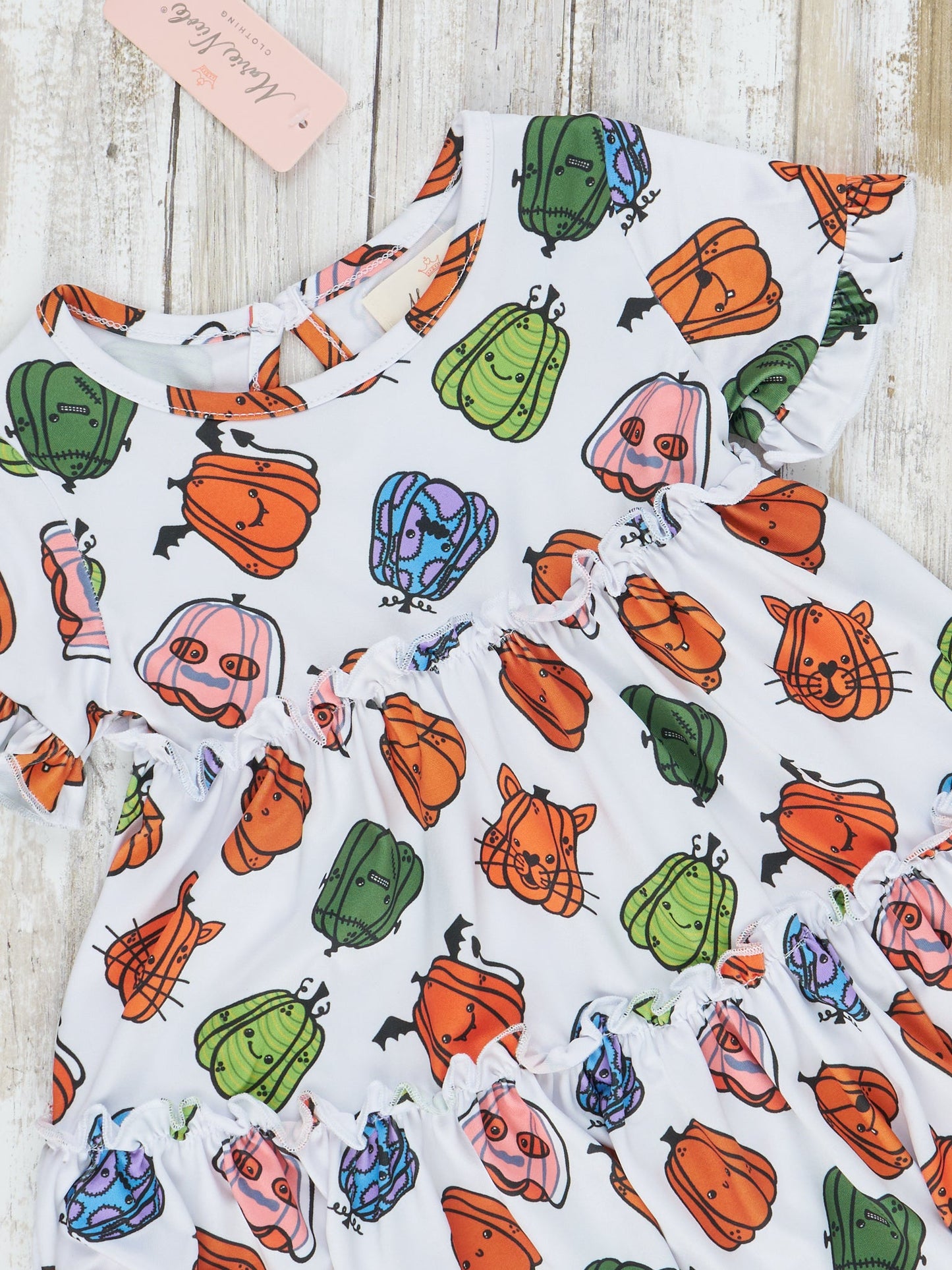 White Spooky Nights Neon Pumpkins Tiered Ruffle Dress