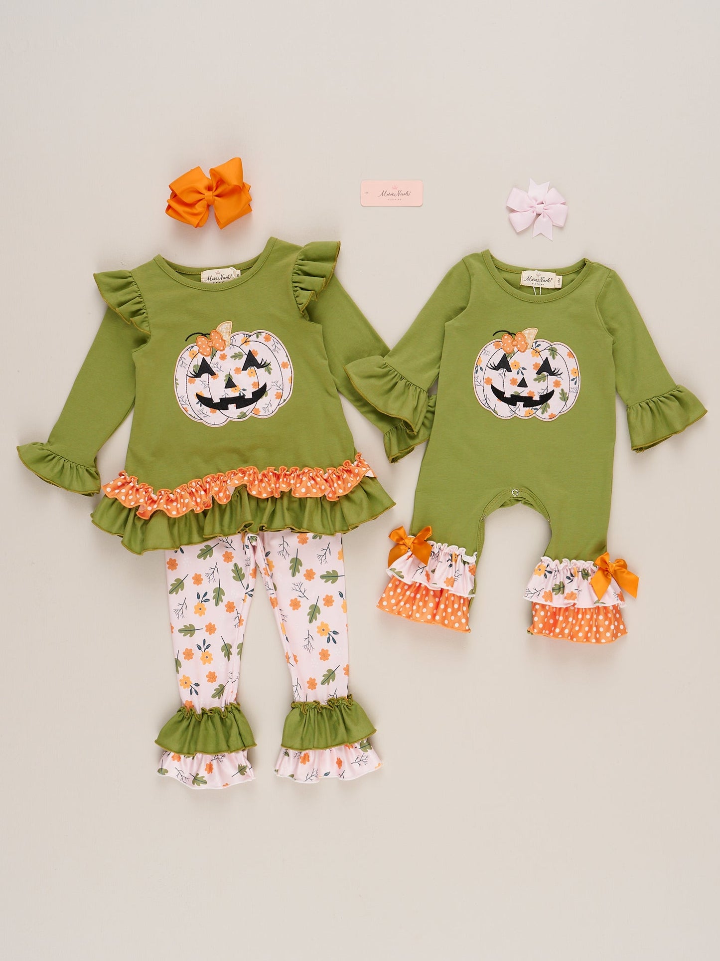 Green Embroidered Floral Jack-o-Lantern Ruffle Outfit