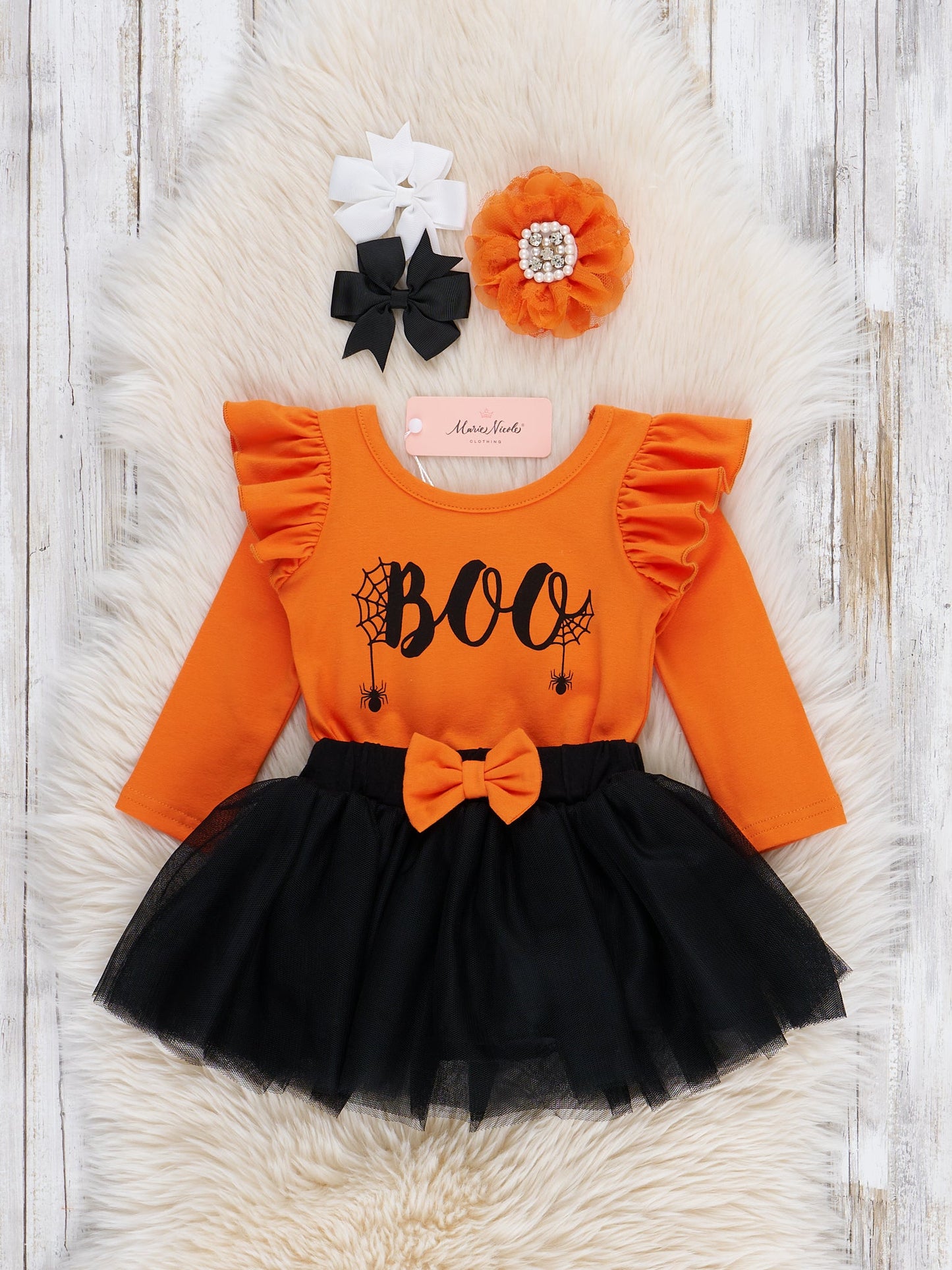 Black & Orange "Boo" Ruffle Tulle Romper Outfit