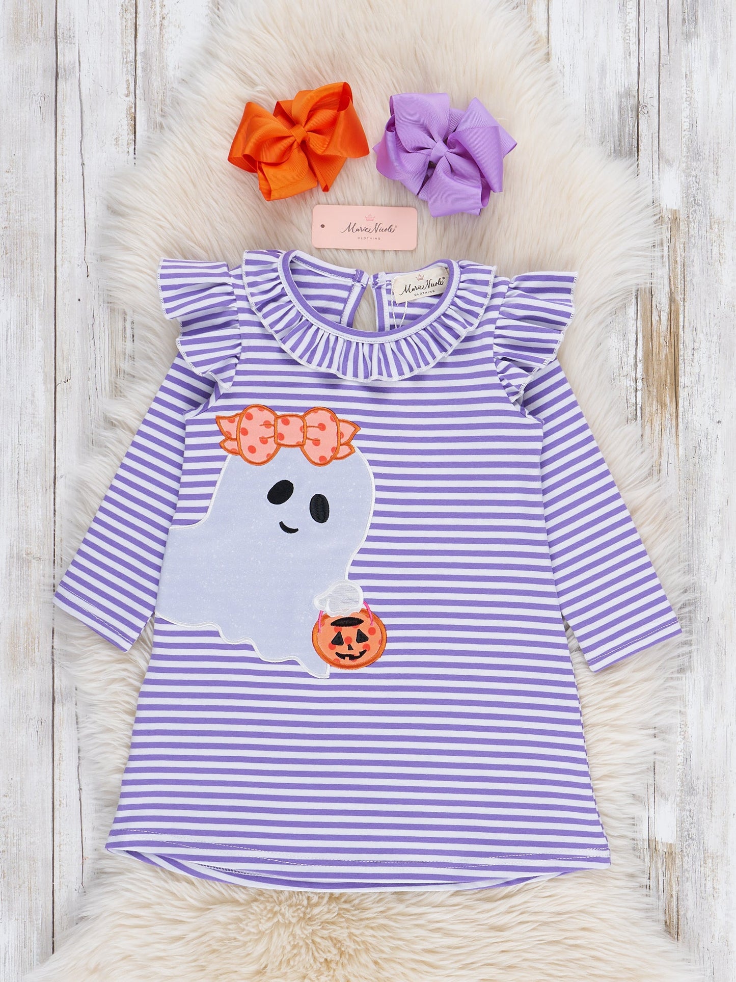 Purple Stripe Friendly Ghost Ruffle Dress