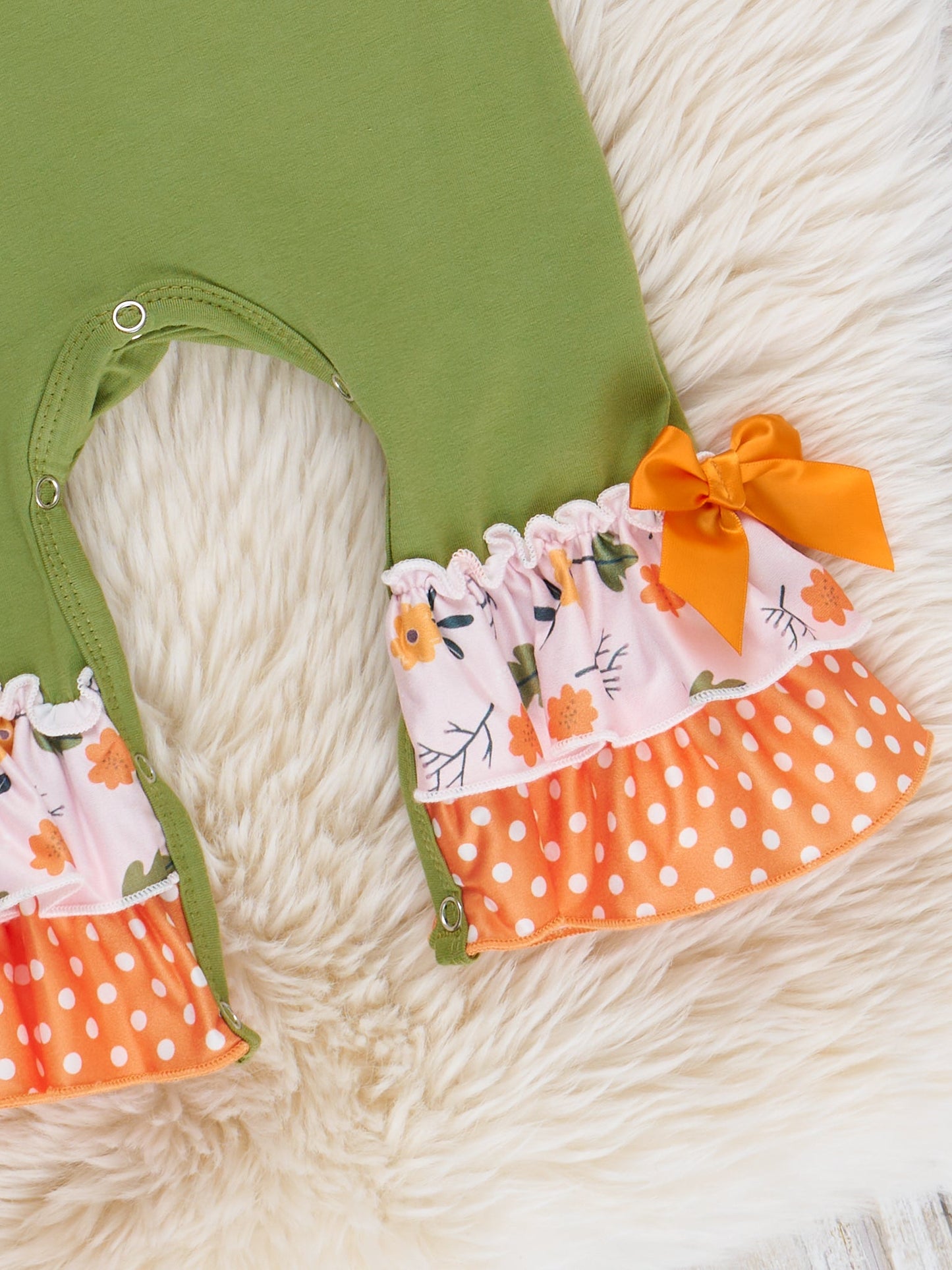 Green Embroidered Floral Jack-o-Lantern Ruffle Romper