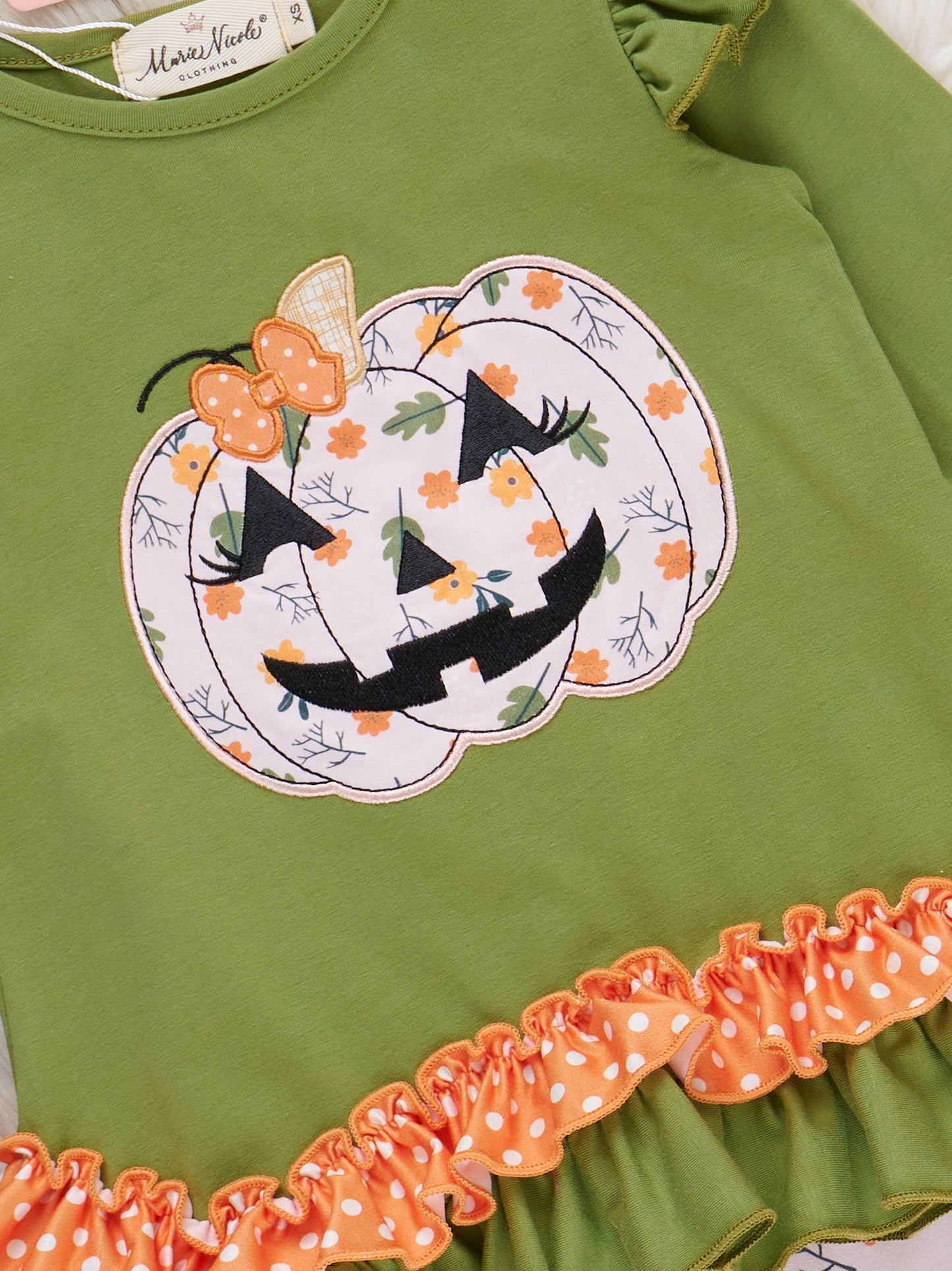 Green Embroidered Floral Jack-o-Lantern Ruffle Outfit