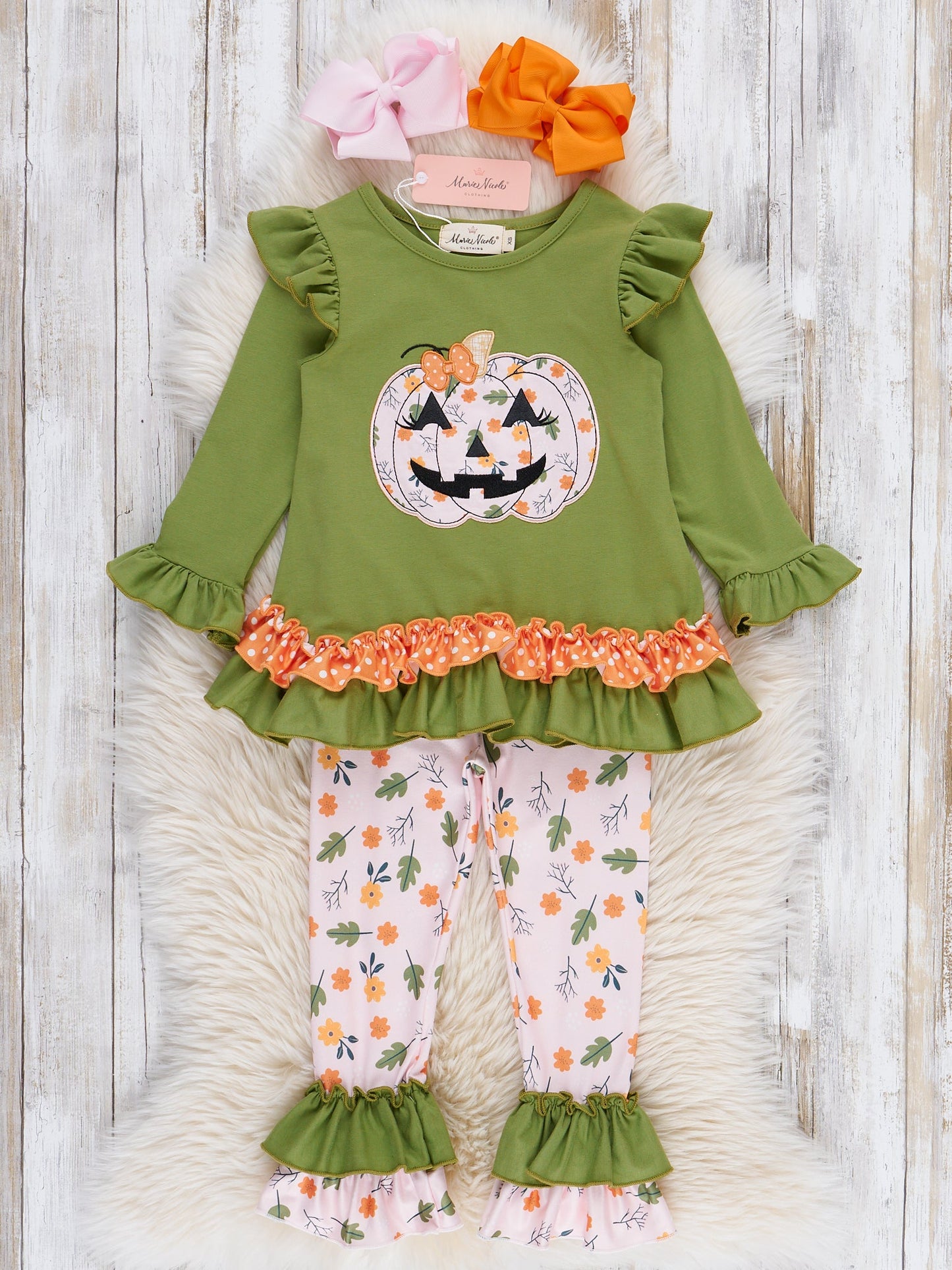 Green Embroidered Floral Jack-o-Lantern Ruffle Outfit