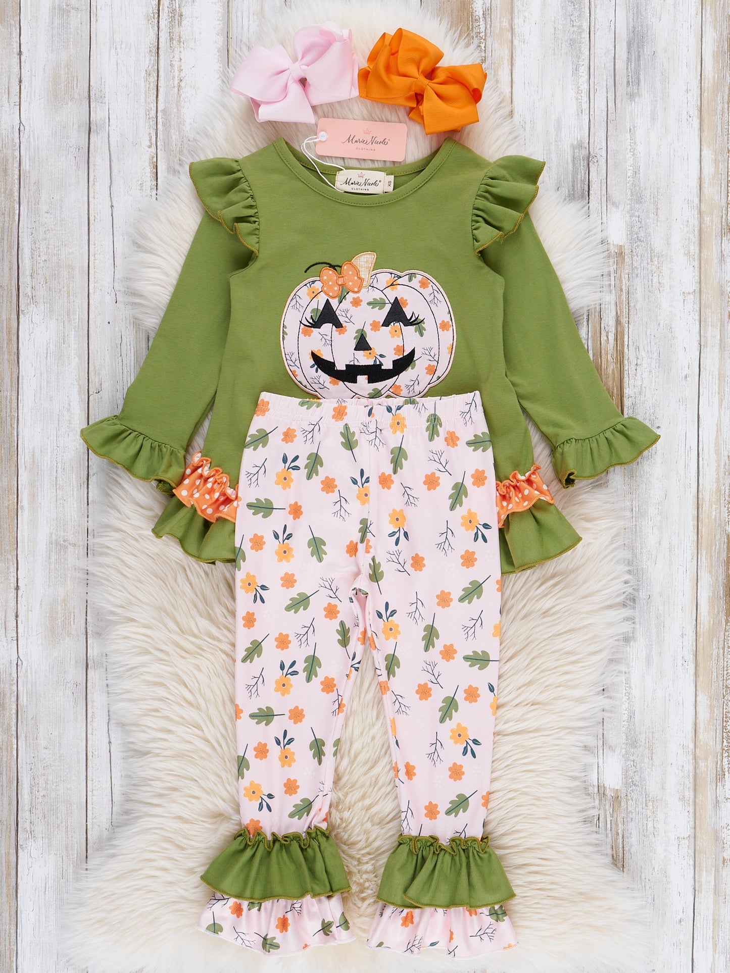 Green Embroidered Floral Jack-o-Lantern Ruffle Outfit