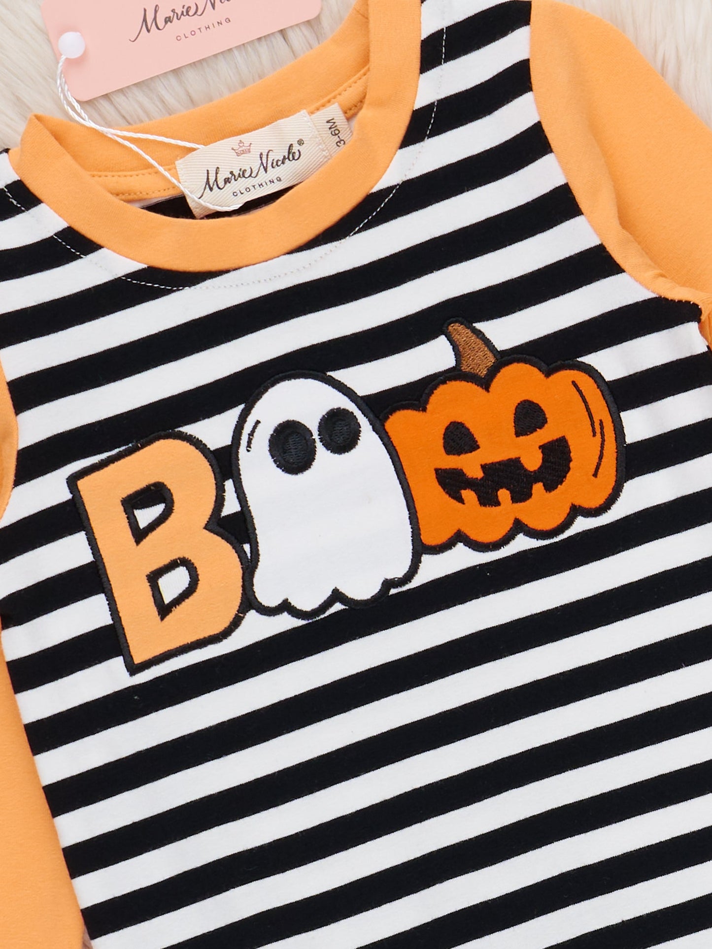 Striped Boo & Pumpkin Embroidered Romper