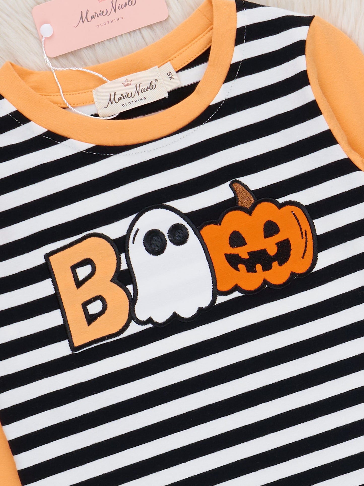 Striped Boo & Pumpkin Embroidered Top