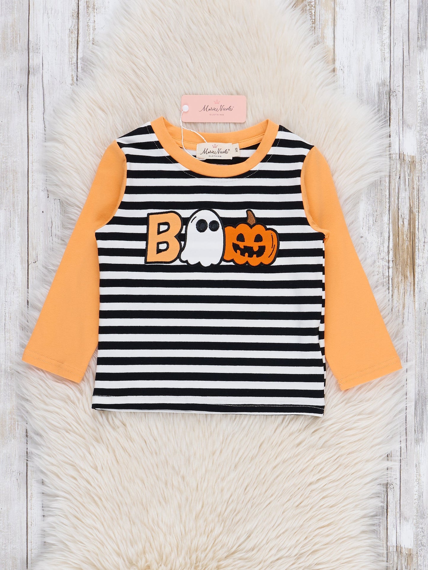 Striped Boo & Pumpkin Embroidered Top
