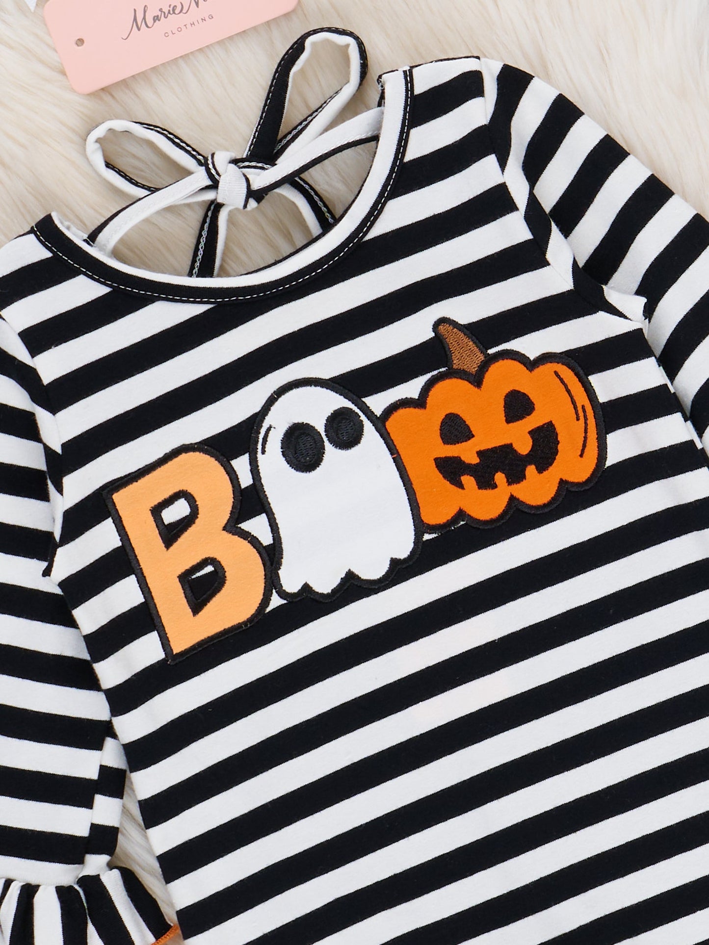 Striped Boo & Pumpkin Embroidered Ruffle Romper