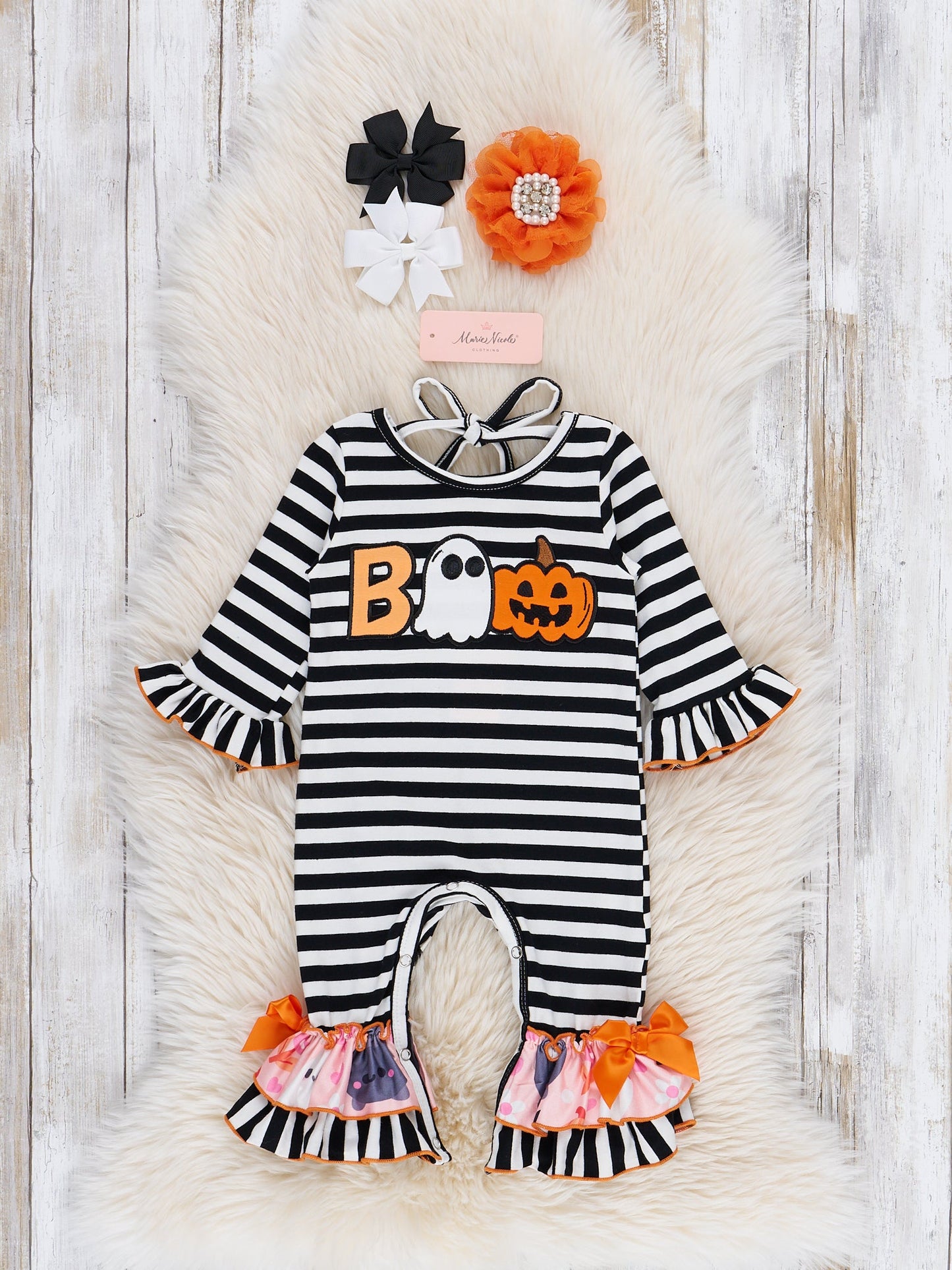 Striped Boo & Pumpkin Embroidered Ruffle Romper