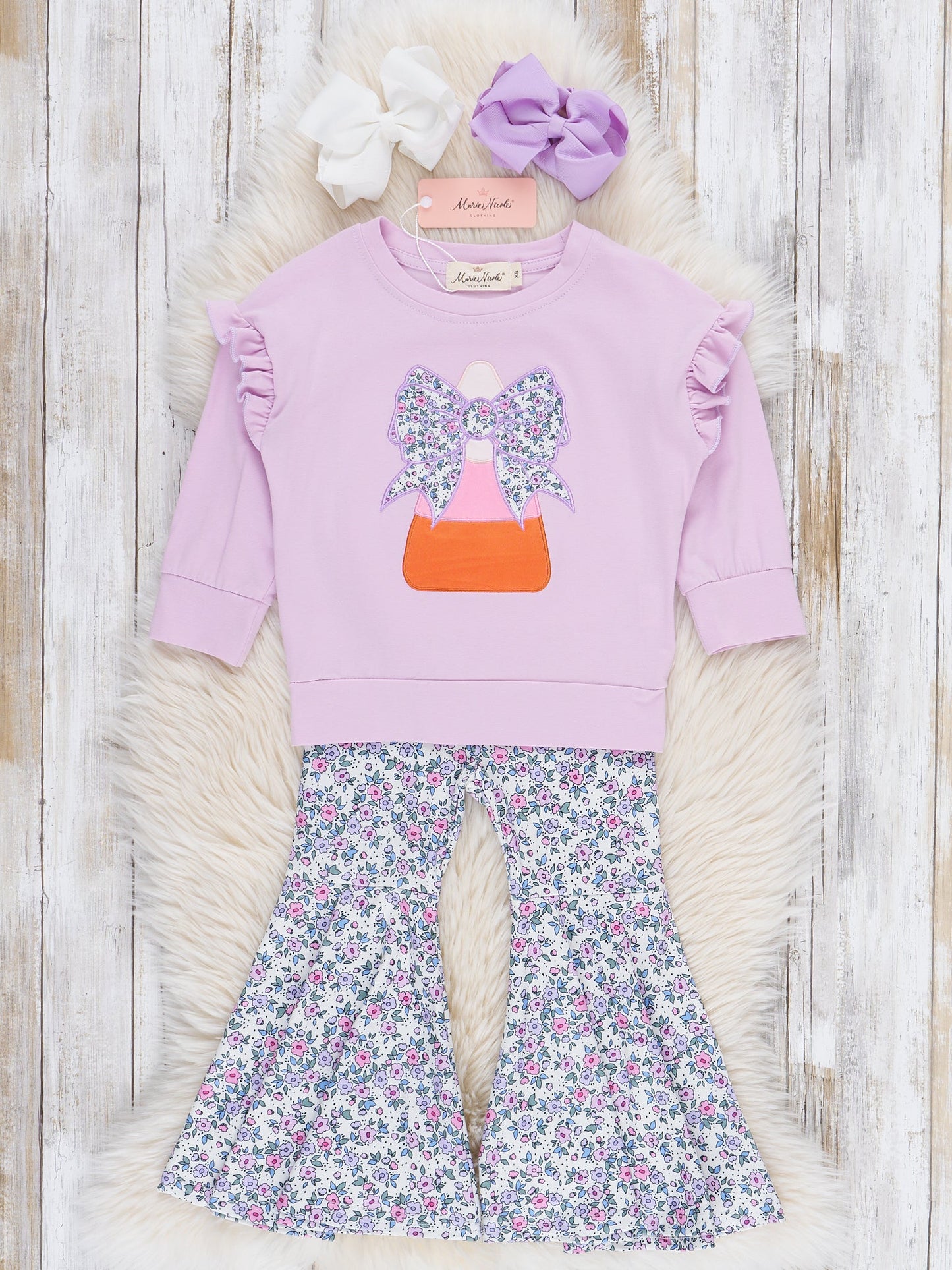 Lil’ Miss Candy Corn Embroidered Ruffle Bell Bottom Outfit