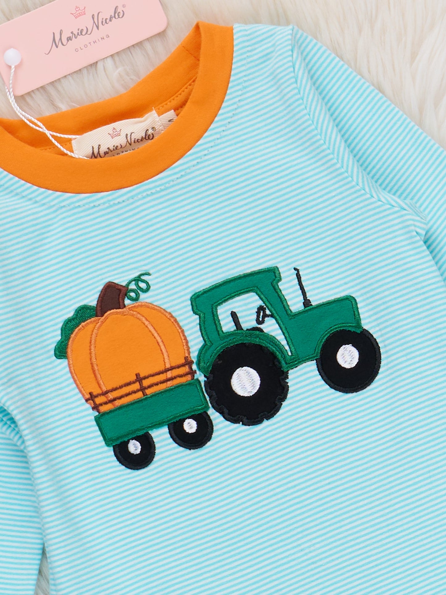 Light Blue Stripes Pumpkin Tractor Romper