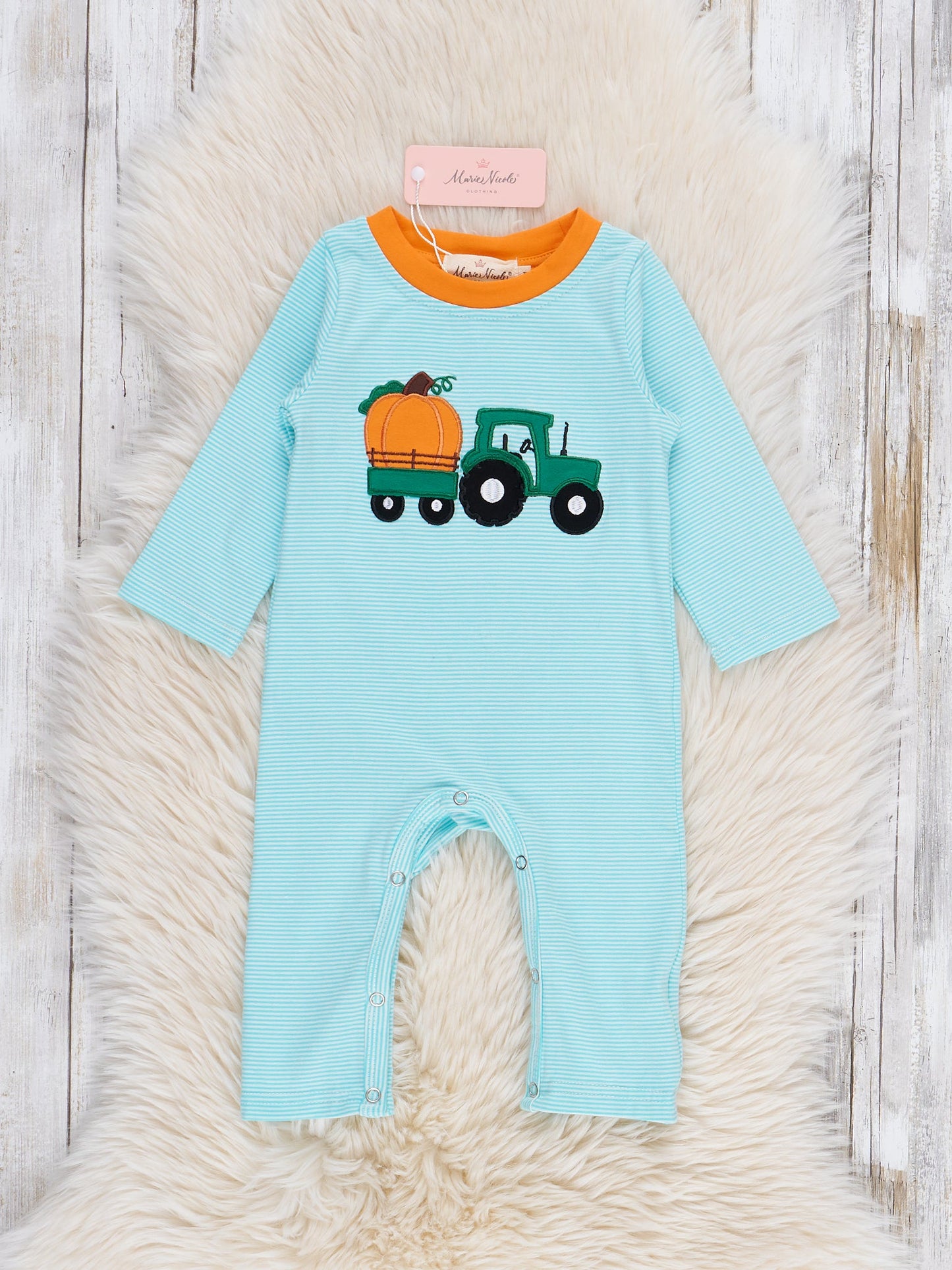 Light Blue Stripes Pumpkin Tractor Romper