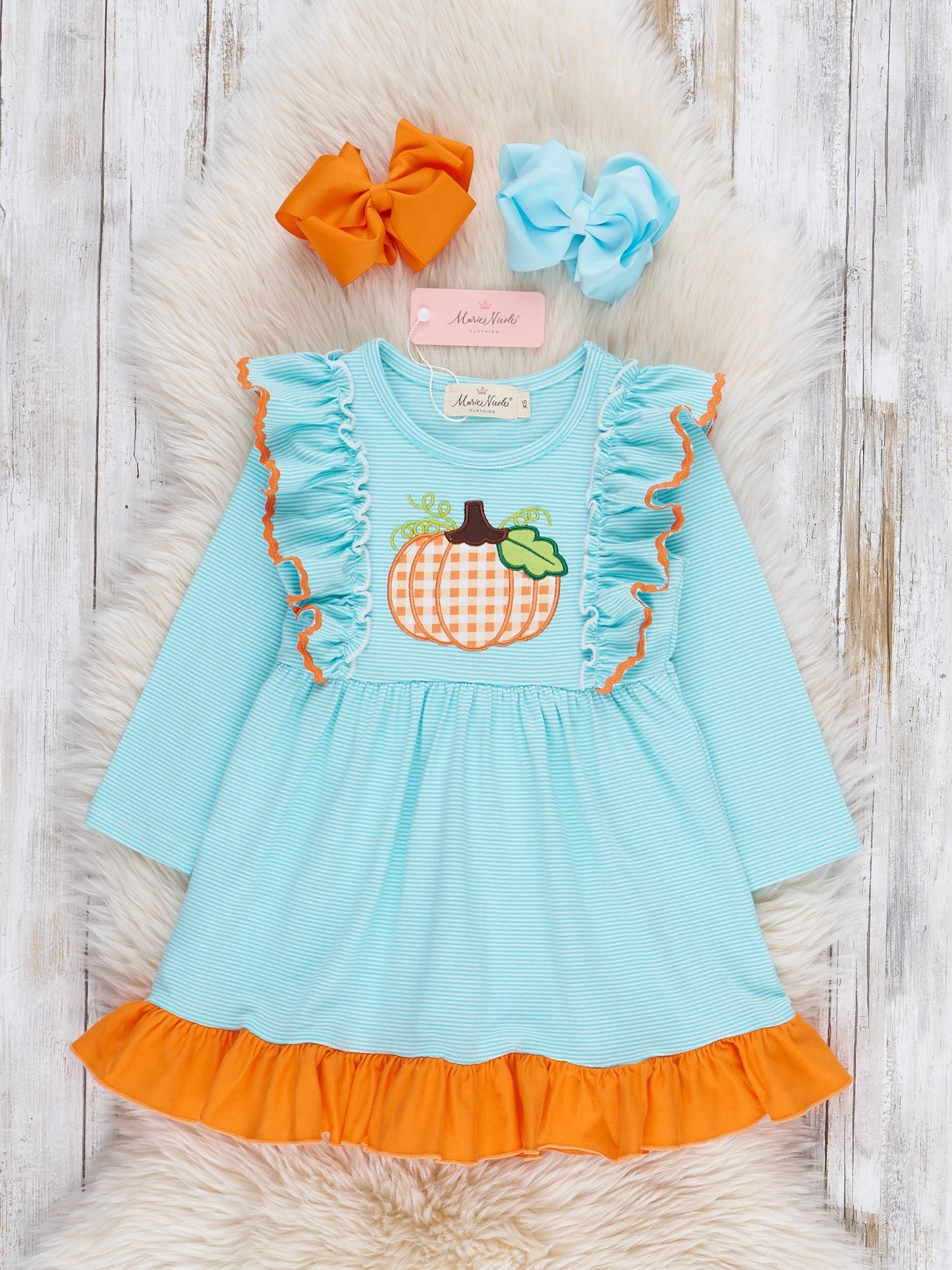 Light Blue Stripes Pumpkin Ruffle Dress