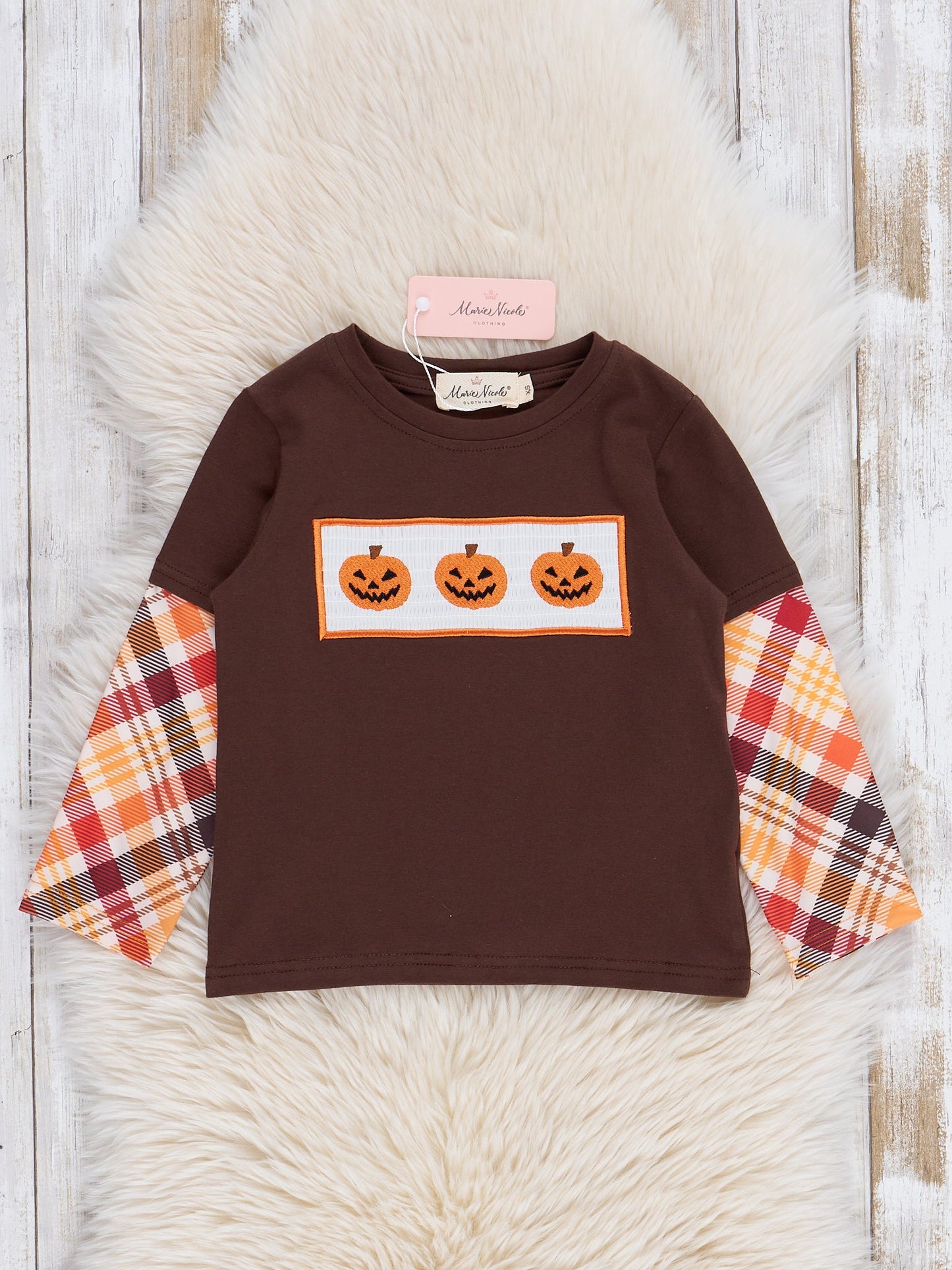 Brown Plaid Smocked Pumpkins Shirt