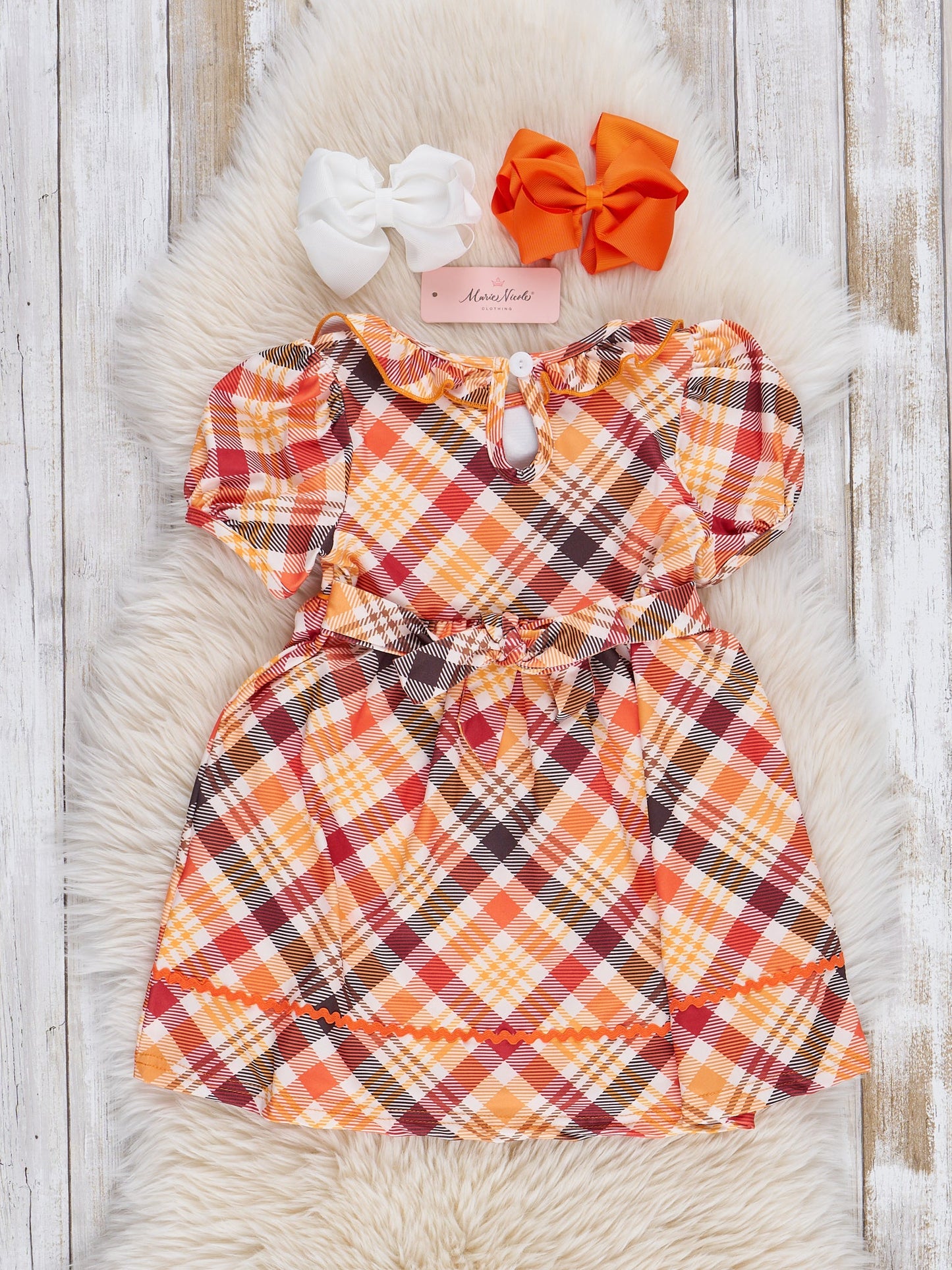 Brown Plaid Smocked Pumpkins Ruffle Dress
