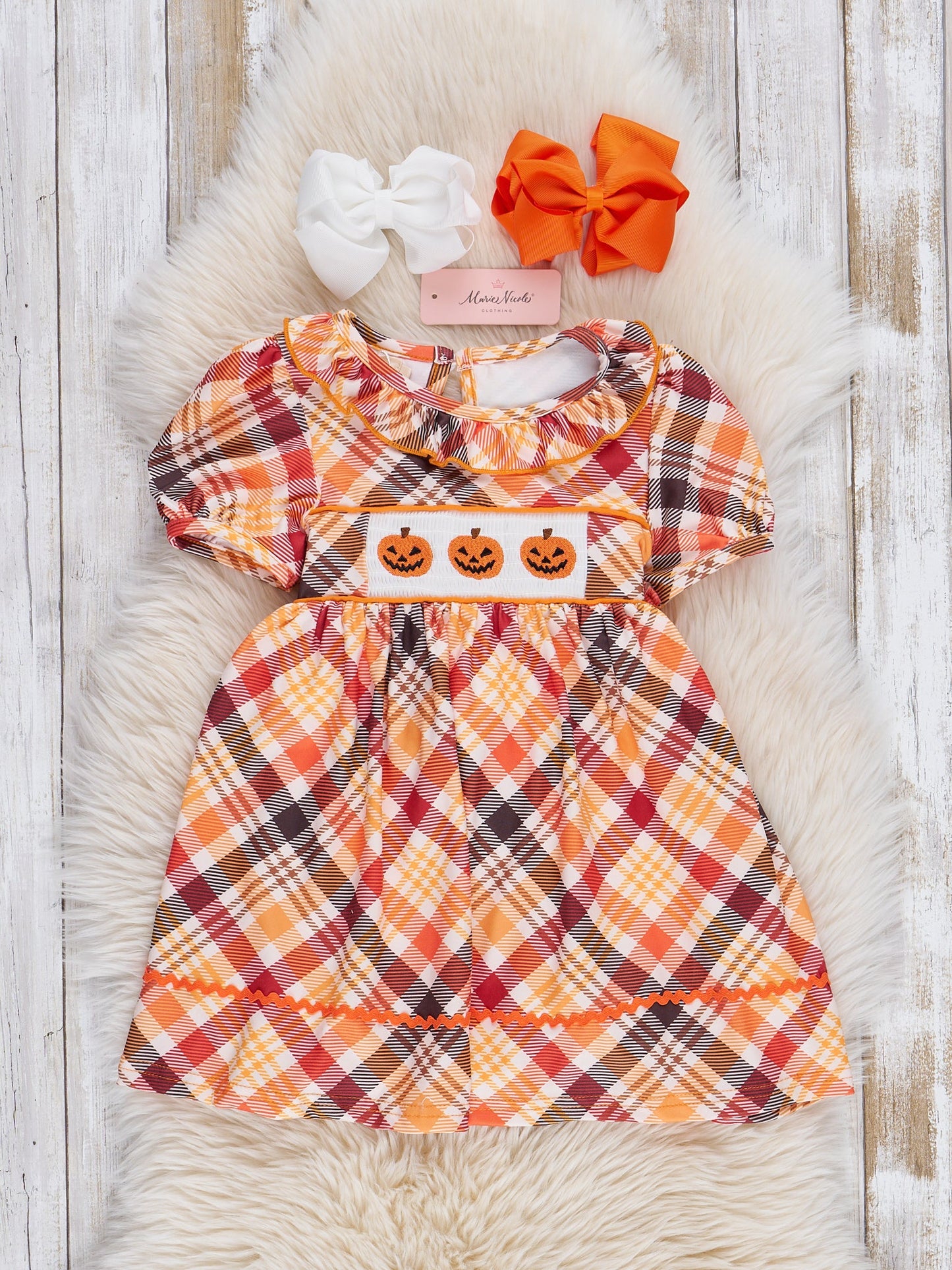 Brown Plaid Smocked Pumpkins Ruffle Dress