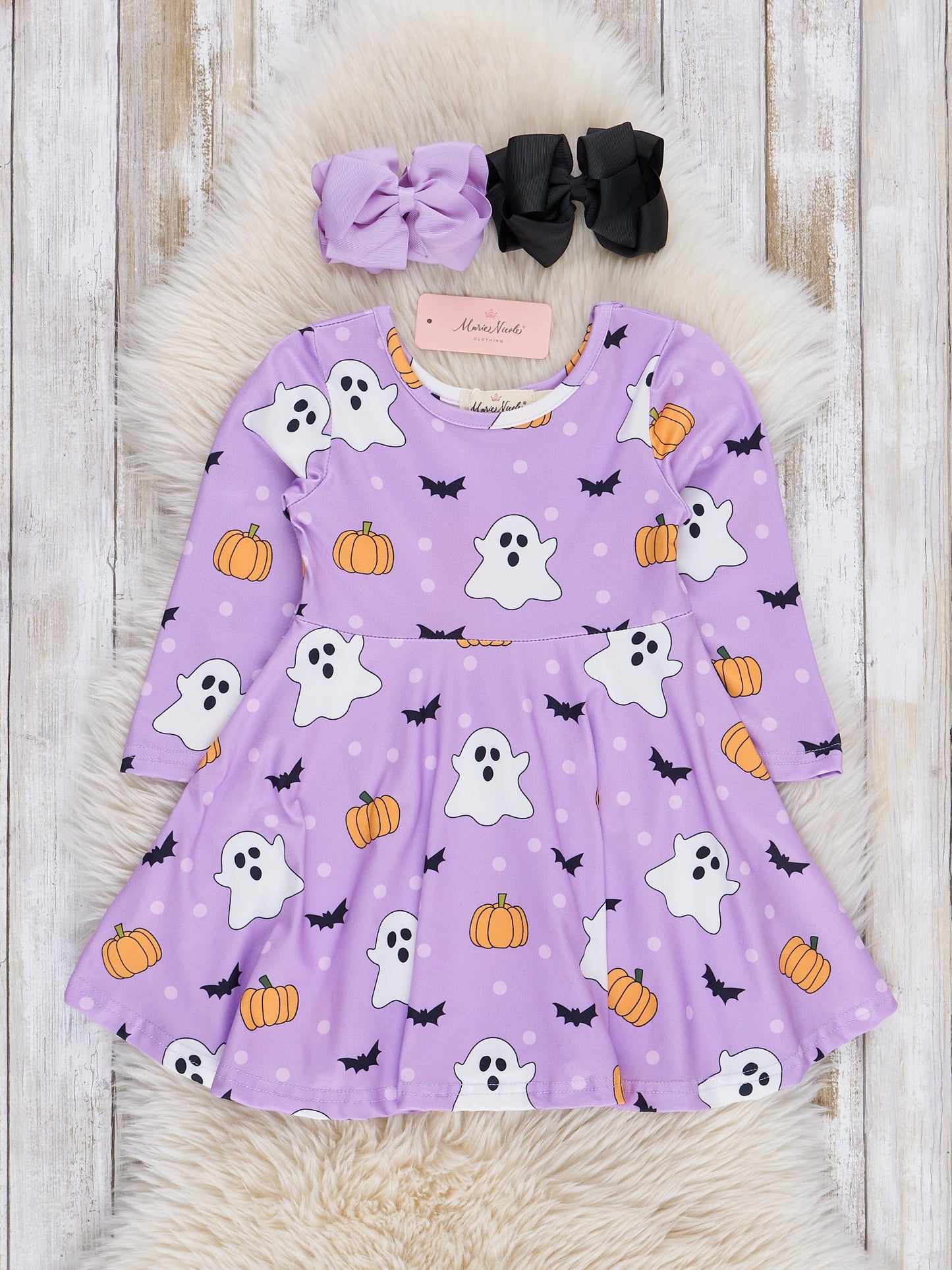 Long Sleeve Halloween Swing Dresses - Purple Ghosts