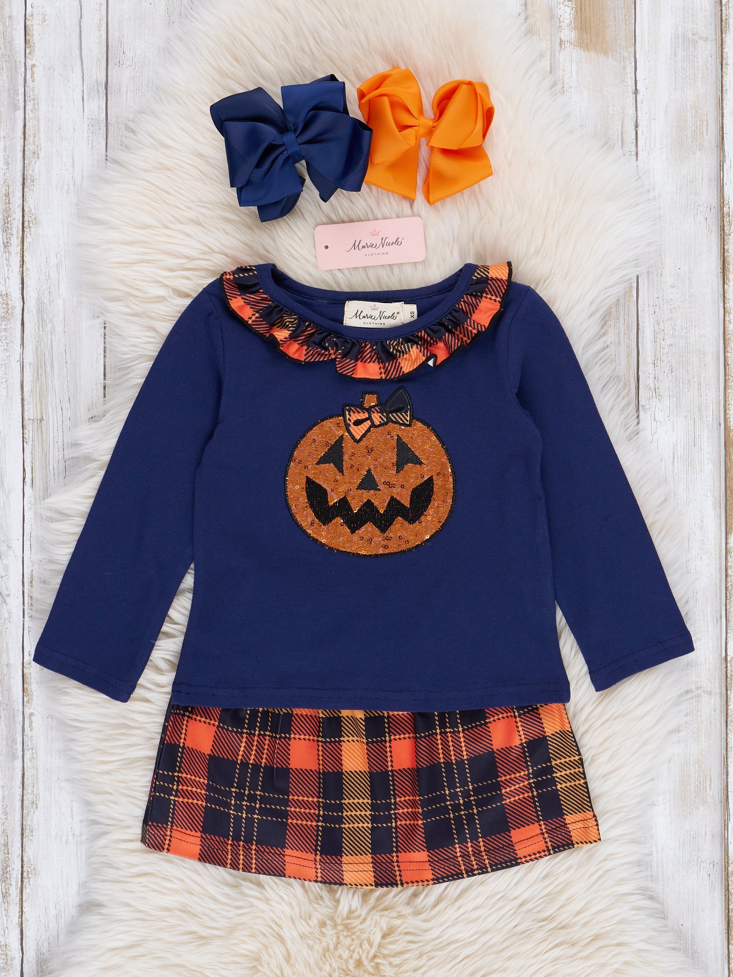 Embroidered Halloween Plaid Ruffle Outfit