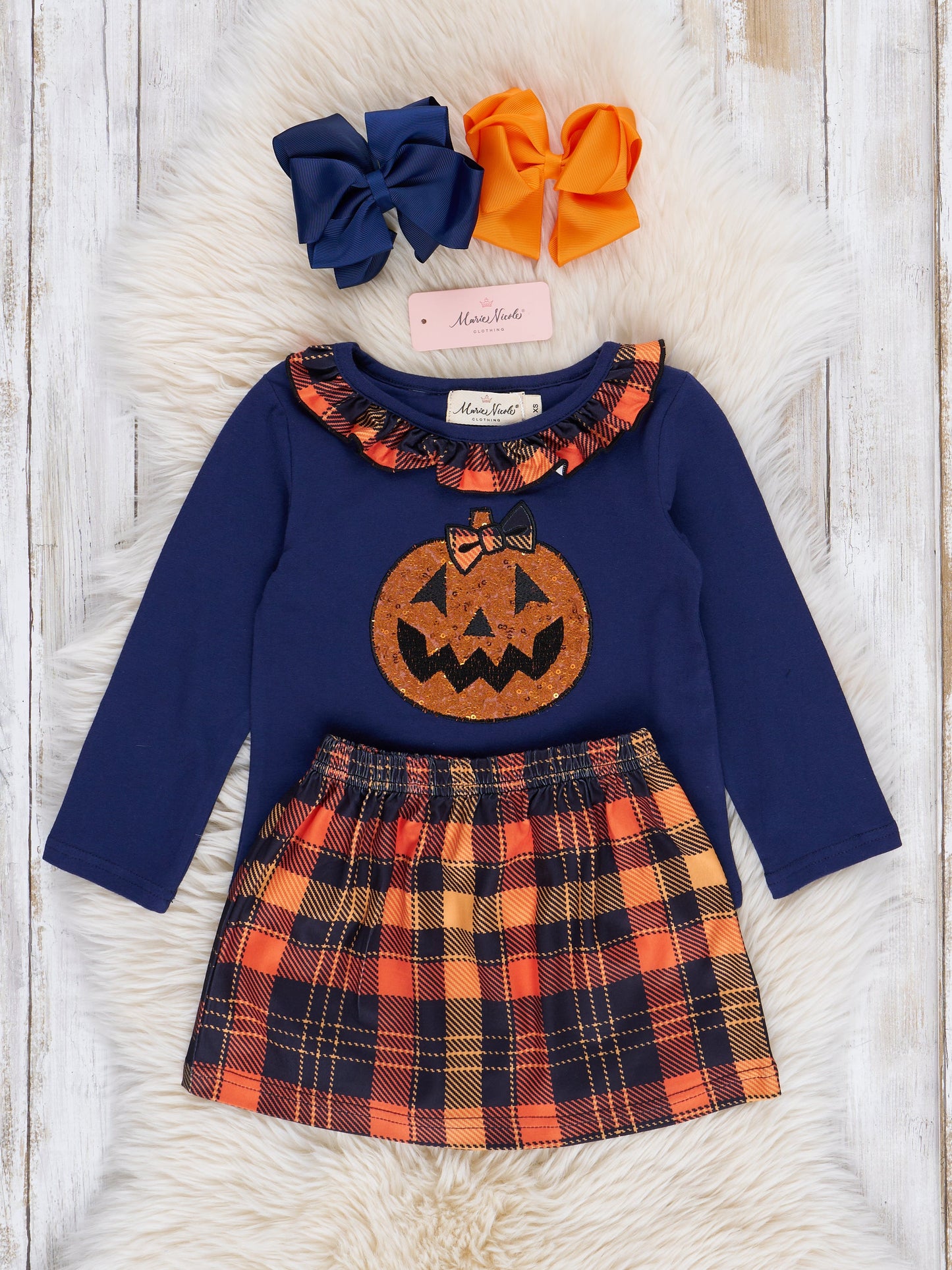 Embroidered Halloween Plaid Ruffle Outfit