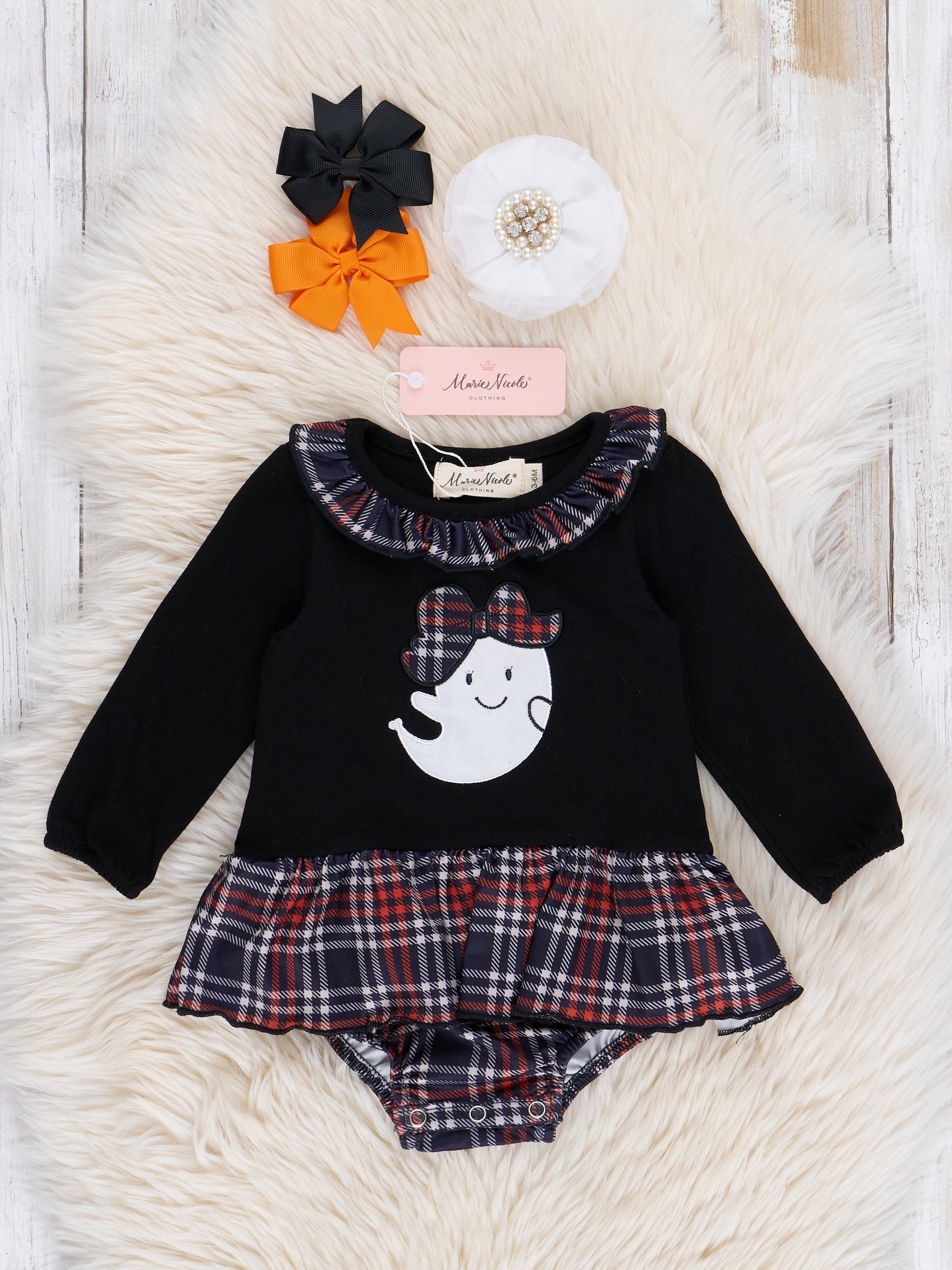 Embroidered Halloween Plaid Ruffle Bubble