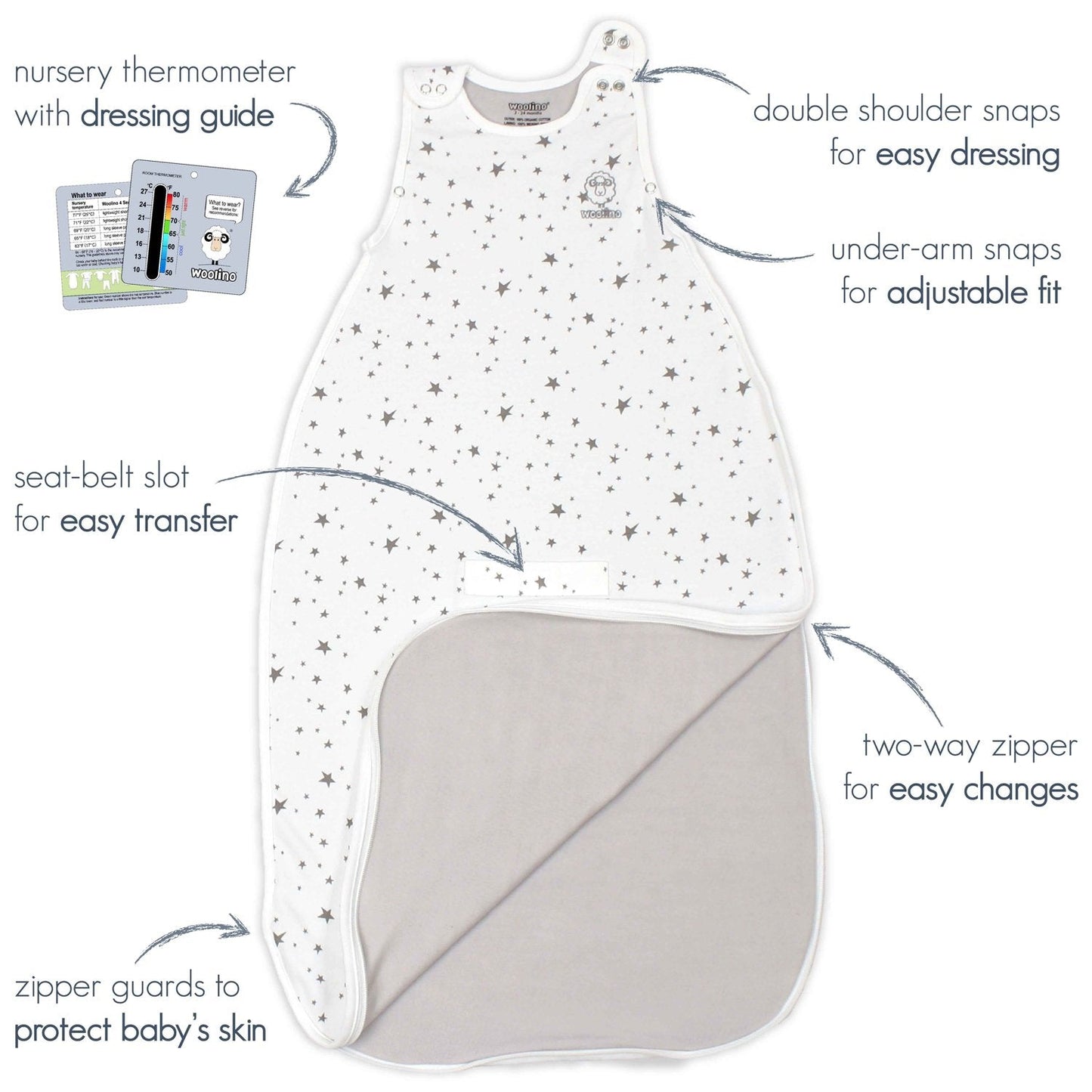 4 Season® Ultimate Baby Sleep Bag, Merino Wool & Organic Cotton, Star White