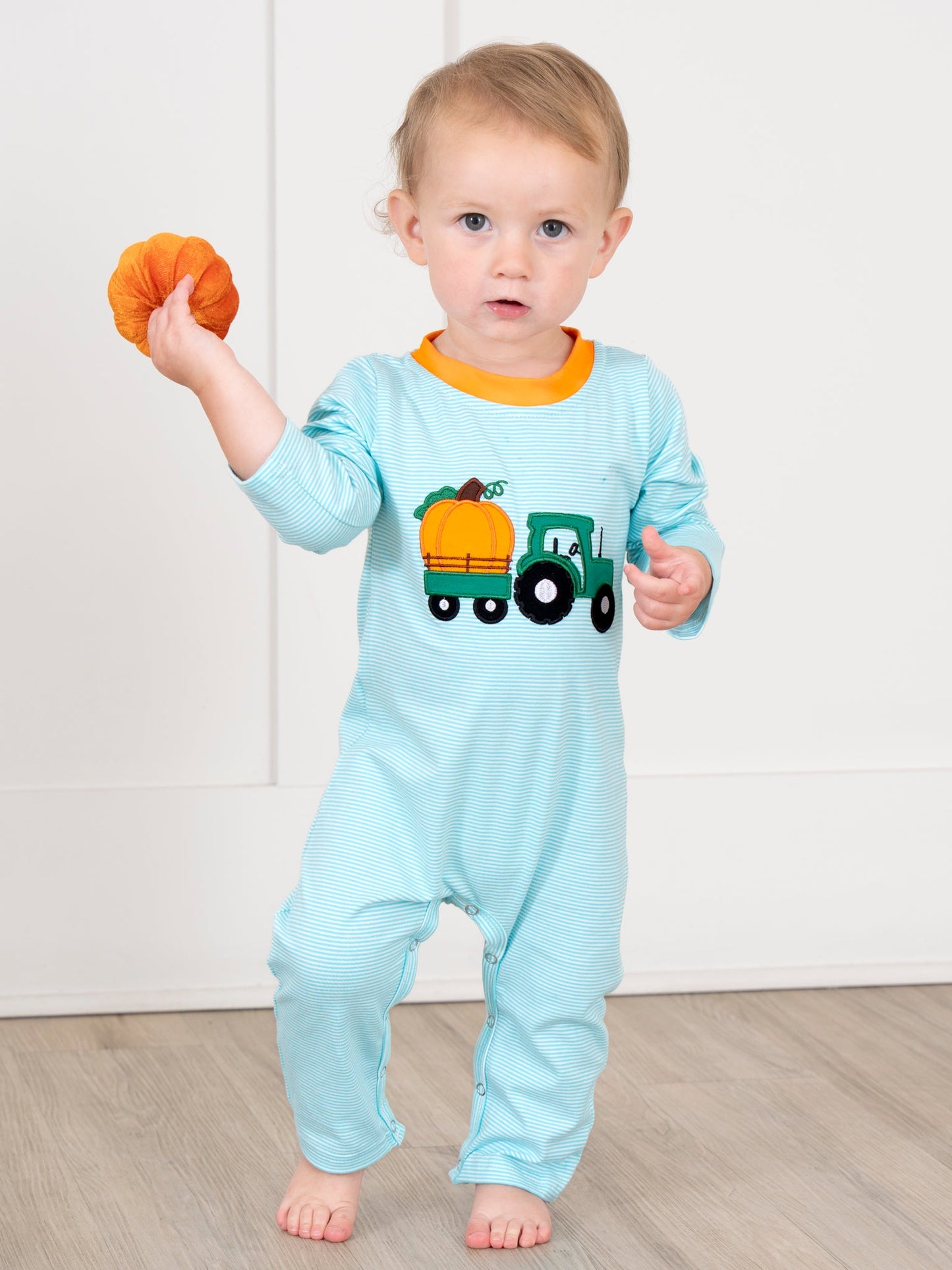 Light Blue Stripes Pumpkin Tractor Romper