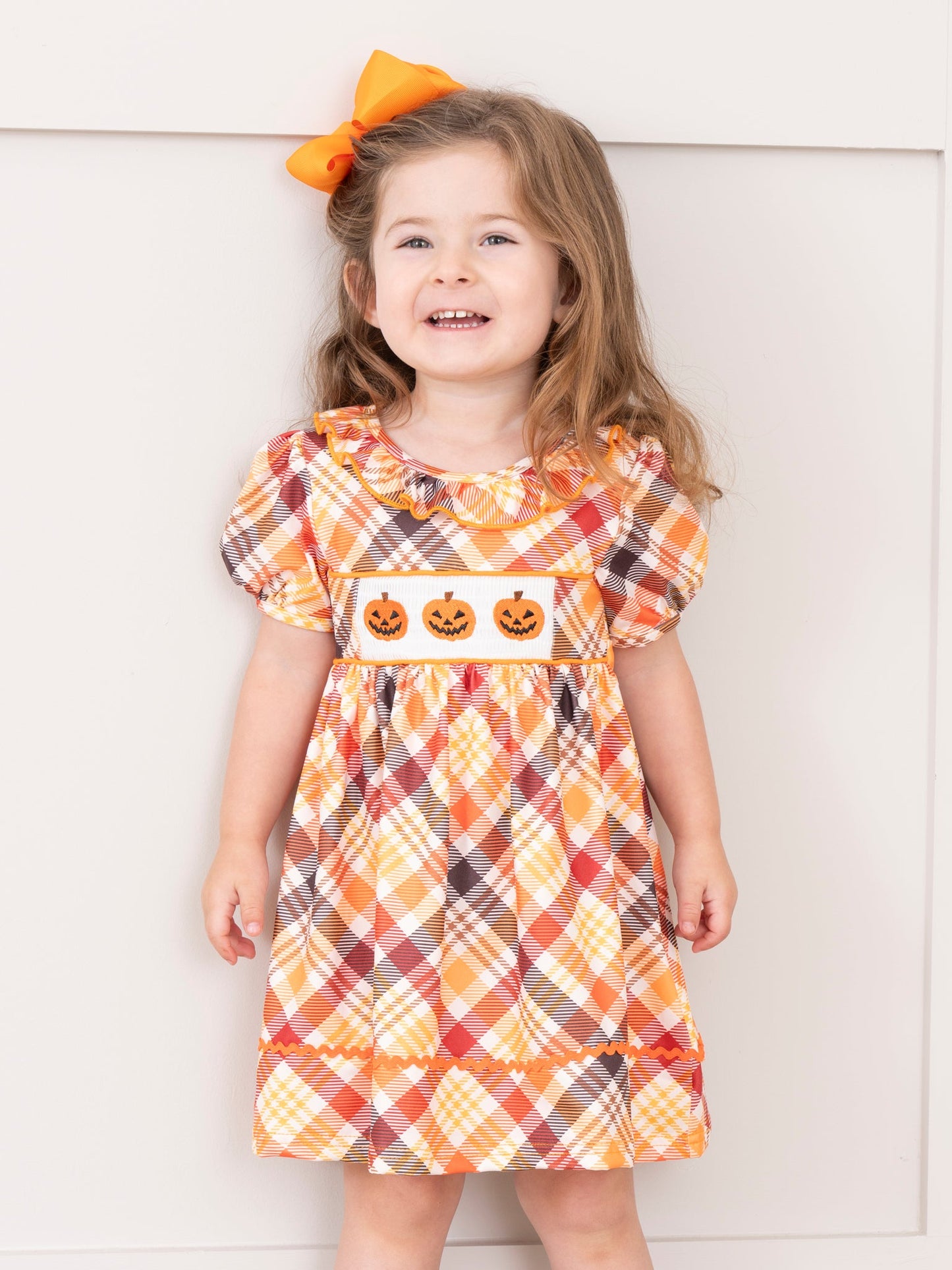 Brown Plaid Smocked Pumpkins Ruffle Dress
