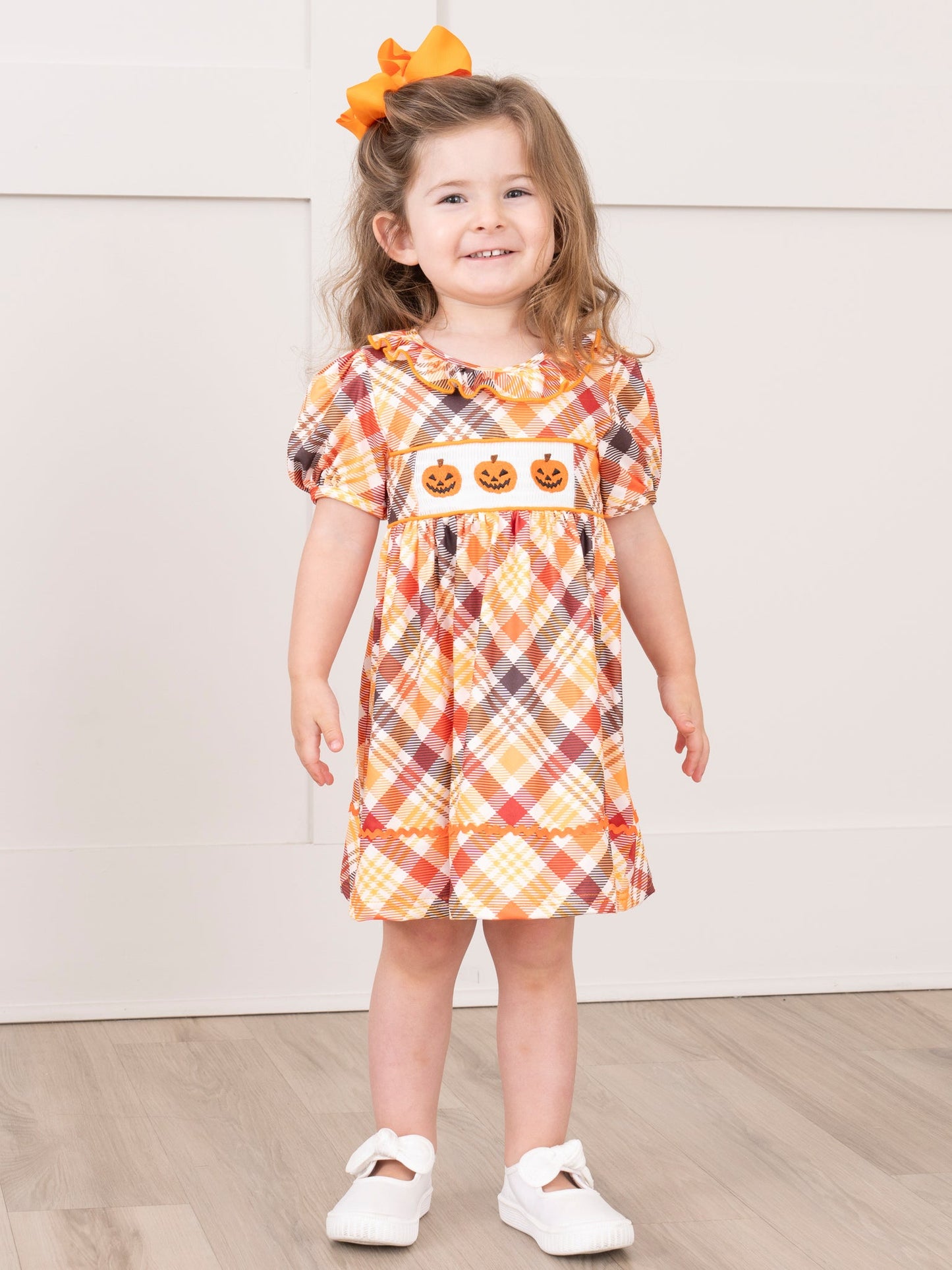 Brown Plaid Smocked Pumpkins Ruffle Dress