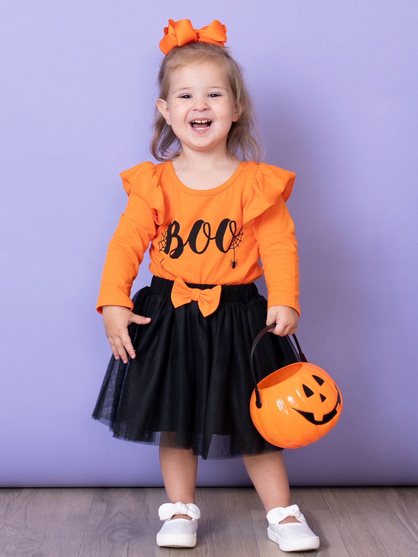 Black & Orange "Boo" Ruffle Tulle Romper Outfit