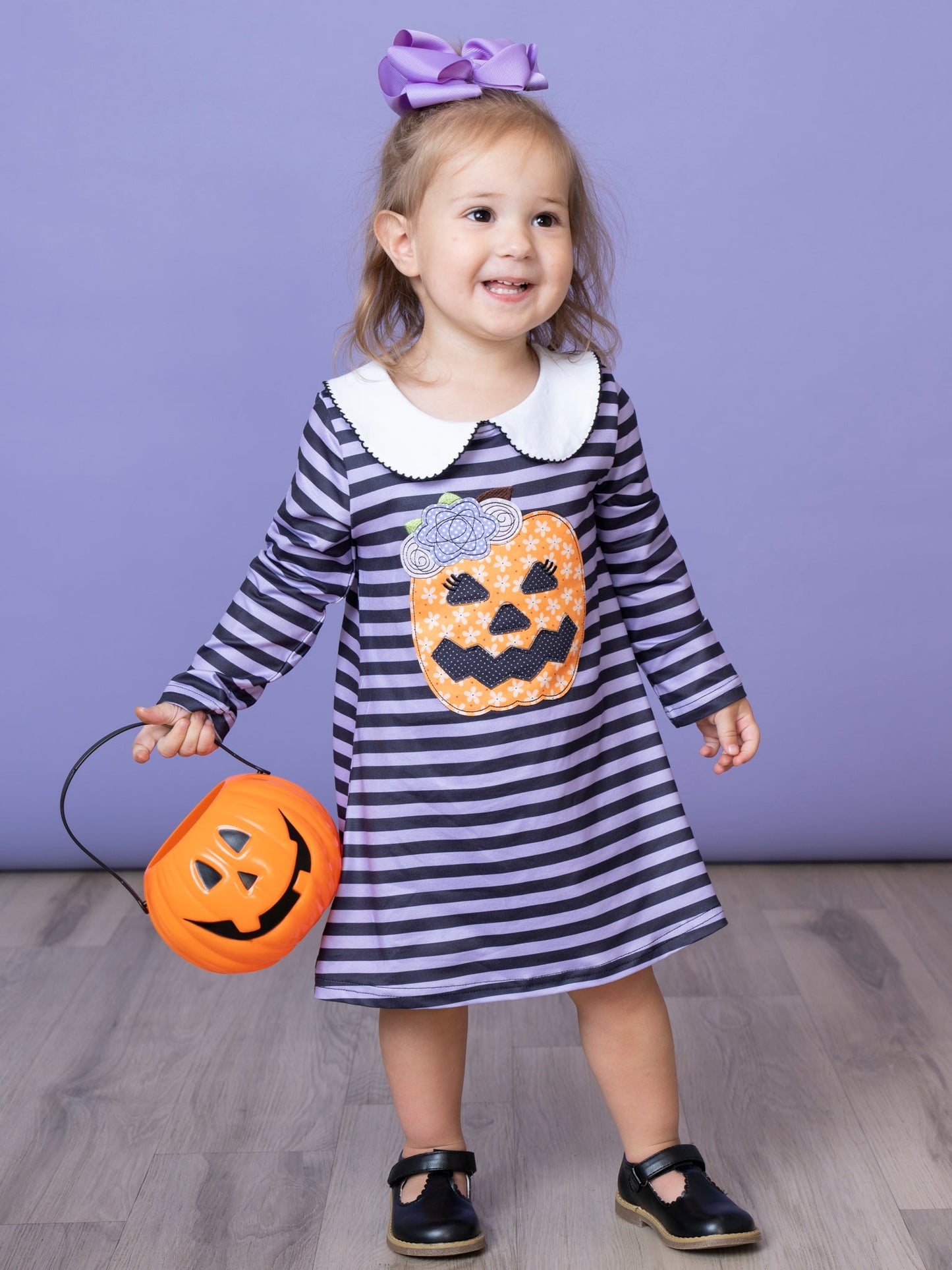 Purple Stripe Embroidered Pumpkin Dress