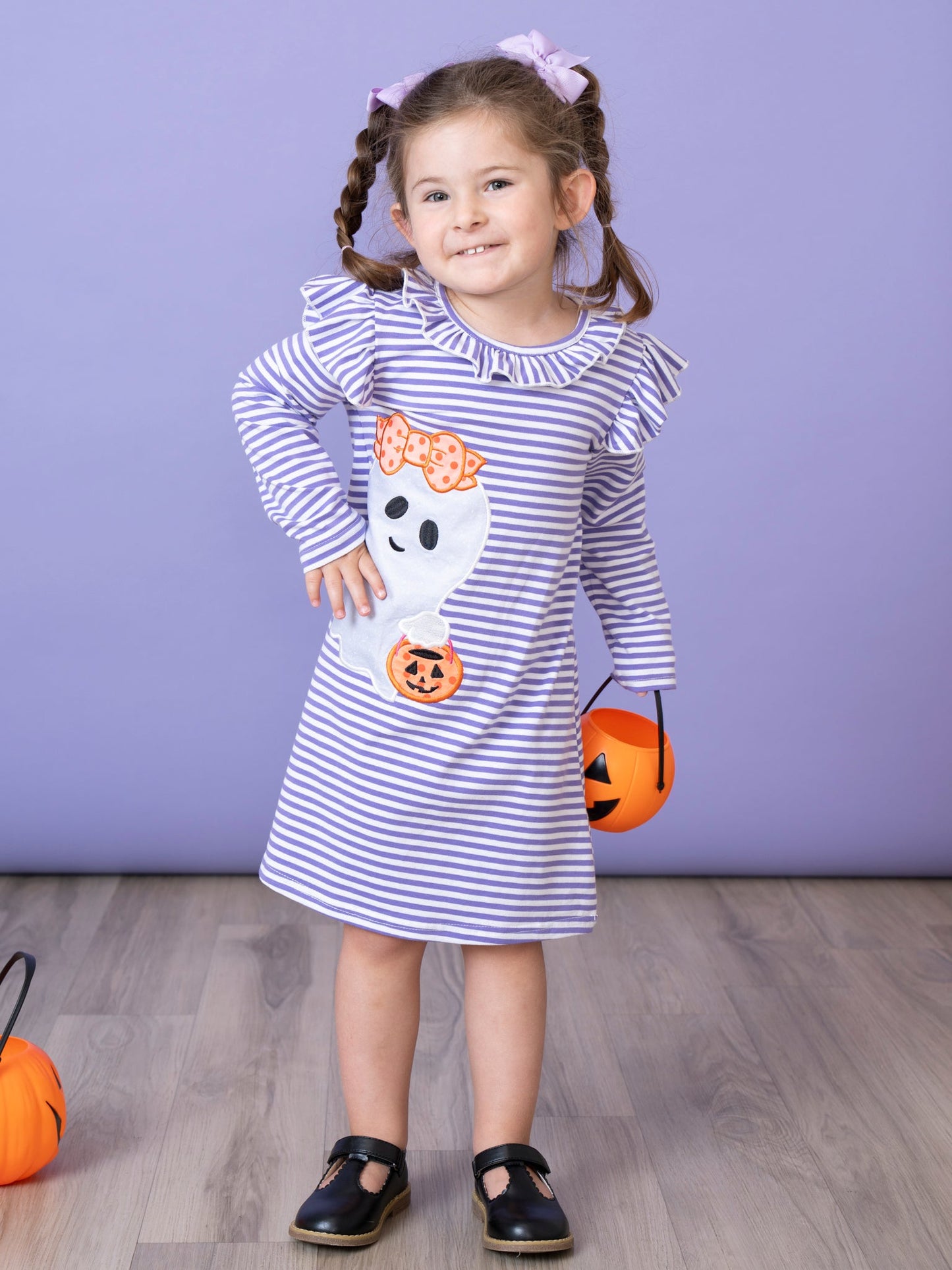 Purple Stripe Friendly Ghost Ruffle Dress