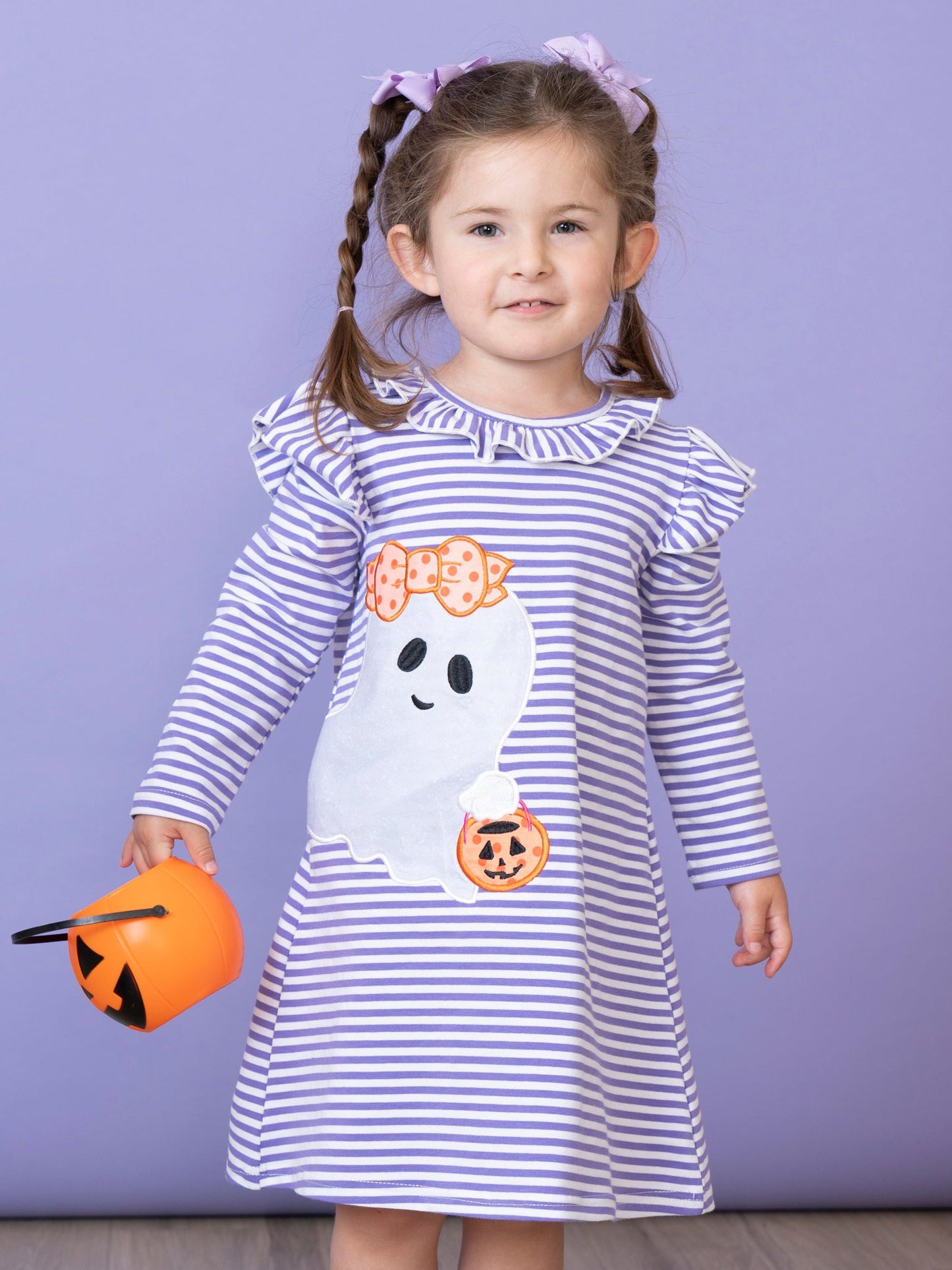 Purple Stripe Friendly Ghost Ruffle Dress